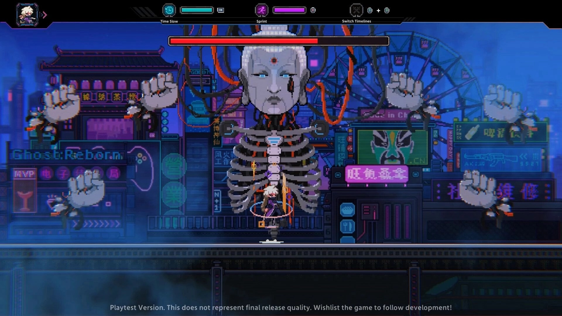 Hack Fate: Boss fight against a giant cyborg head and hands in a neon city street with HUD bars.