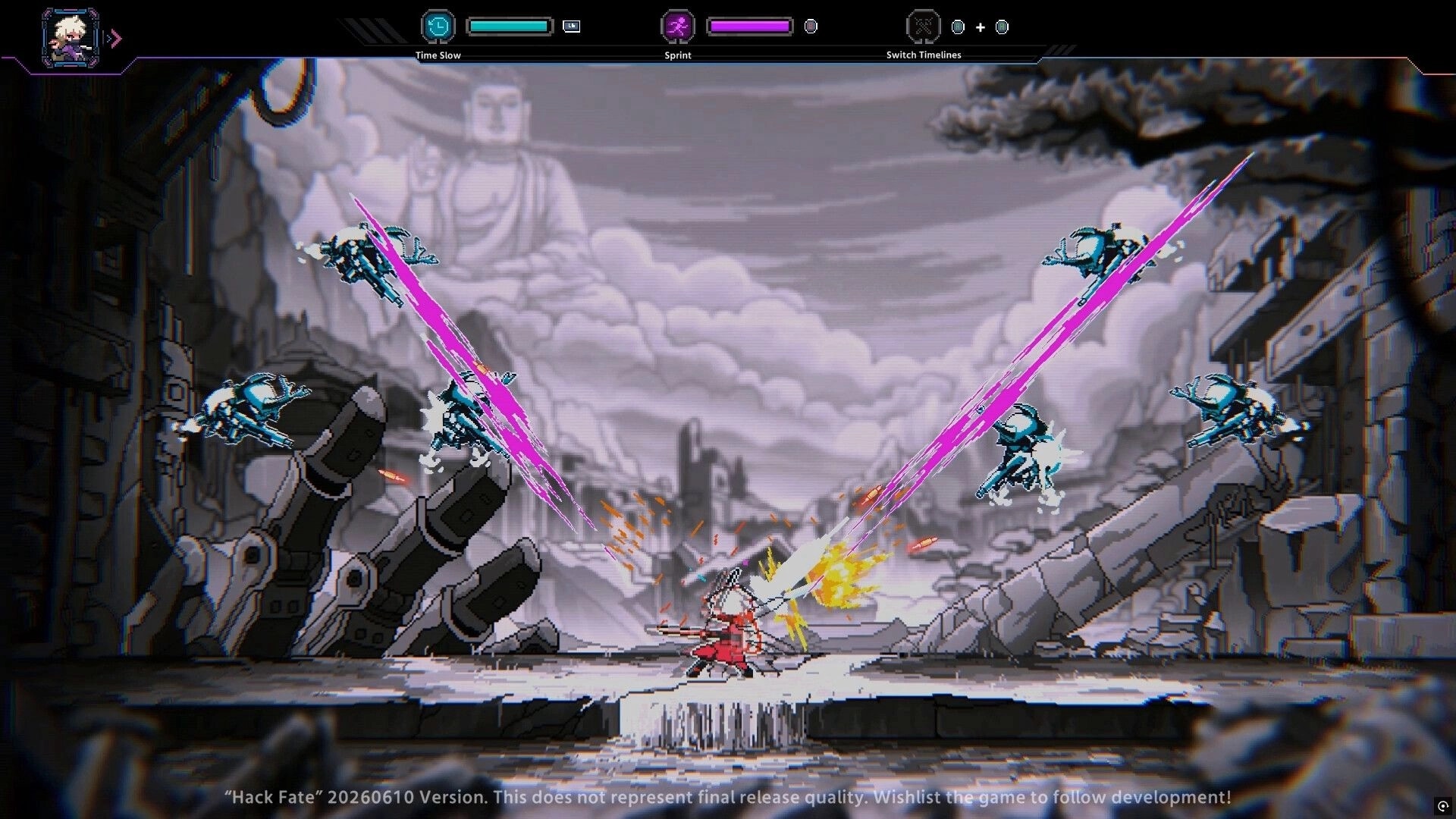 Hack Fate: Hero slashes amid hovering drones, time-slow UI visible in ruined city canyon backdrop.