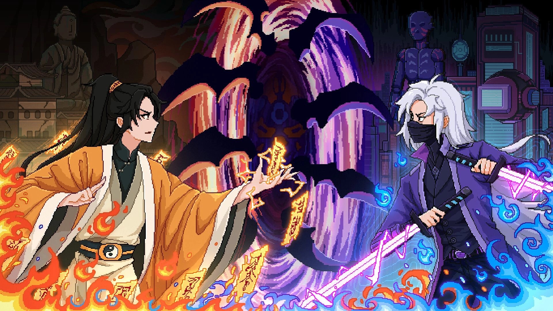 Hack Fate: Two fighters clash with talisman flames and neon blades in a lab with robots and monitors.