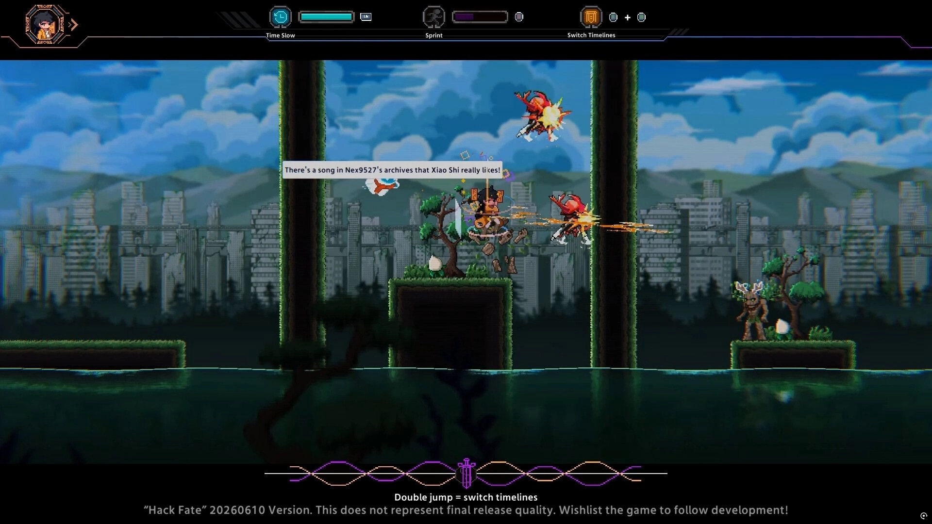 Hack Fate: Hero slashes flying enemies midair on forest platforms with city skyline and ability bar UI.