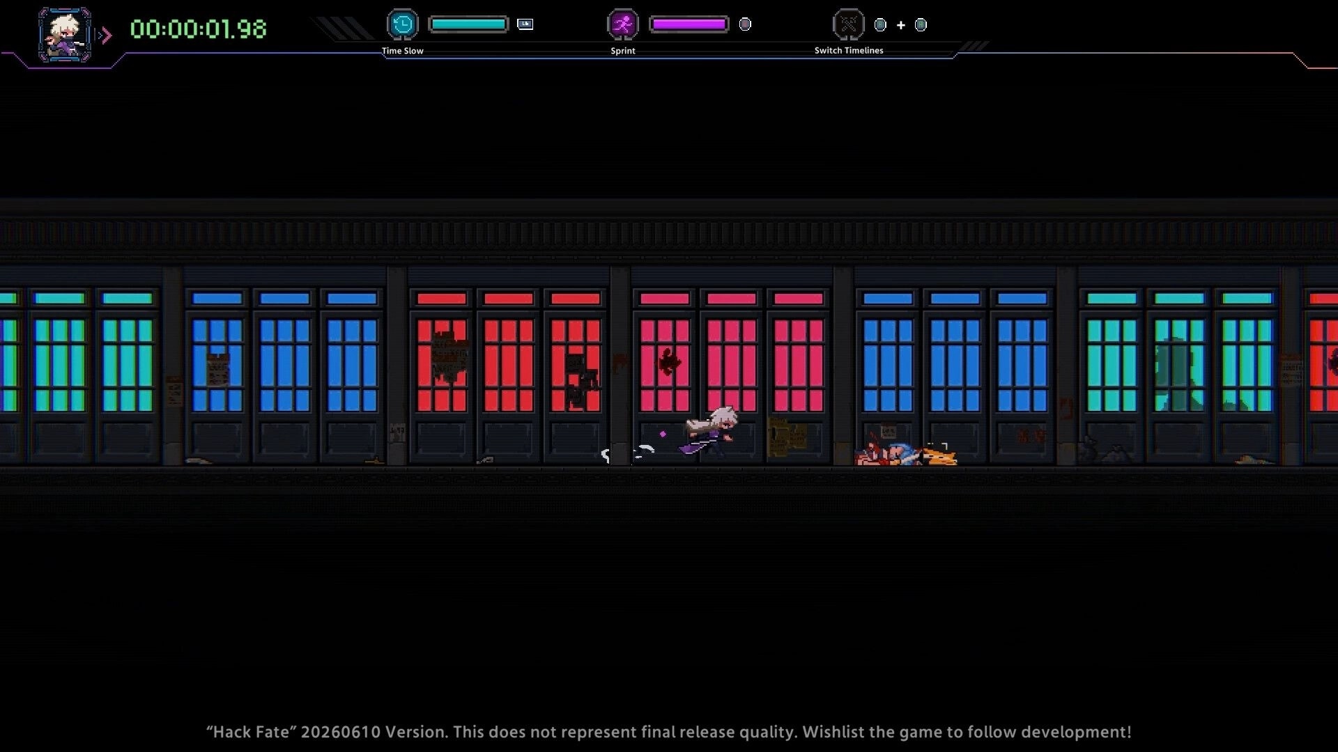 Hack Fate: White-haired fighter sprints past fallen enemies in neon windowed corridor with HUD bars.
