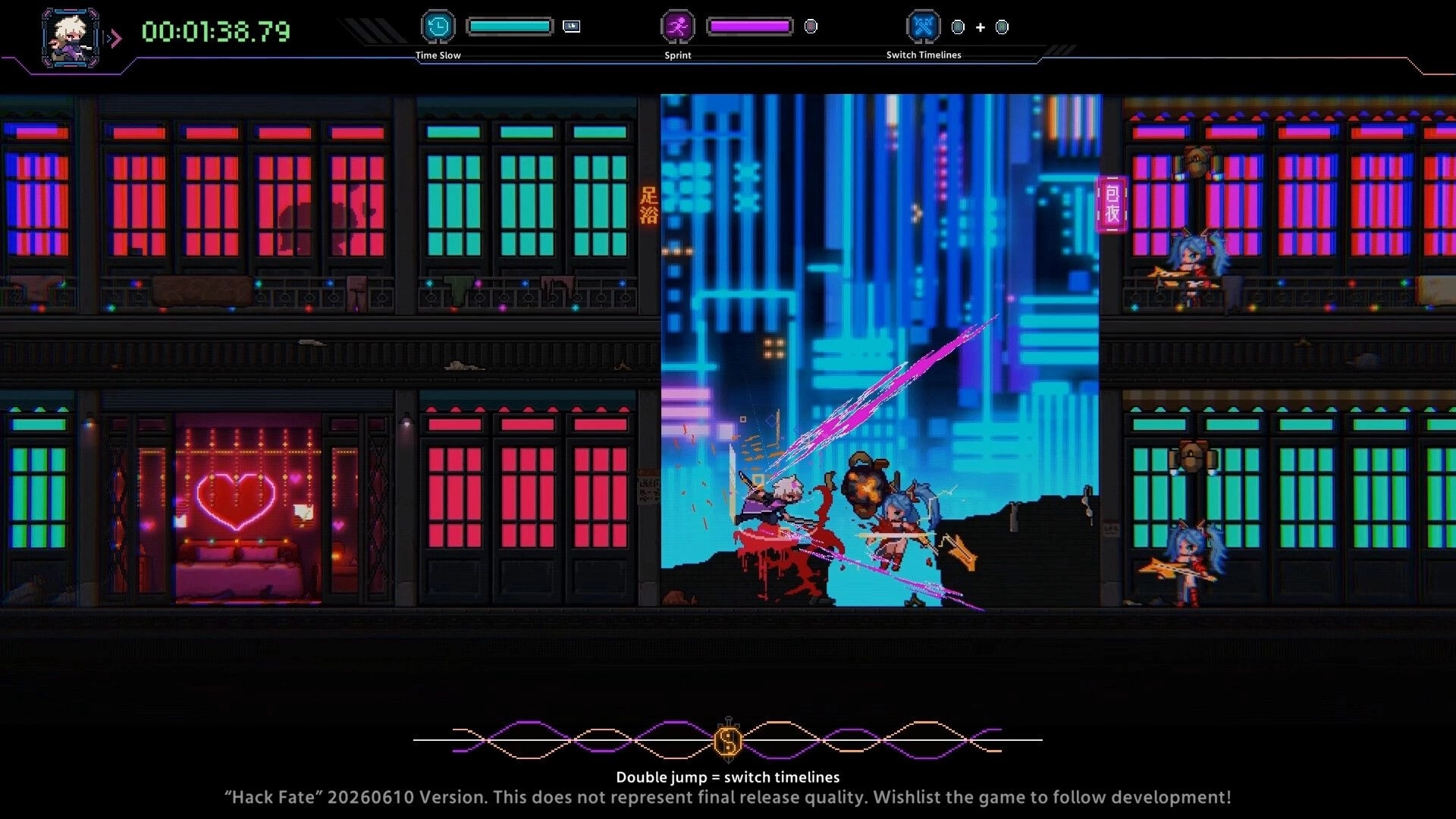 Hack Fate: Sword slash hits enemies as timeline UI bars glow in neon apartment corridor at night.