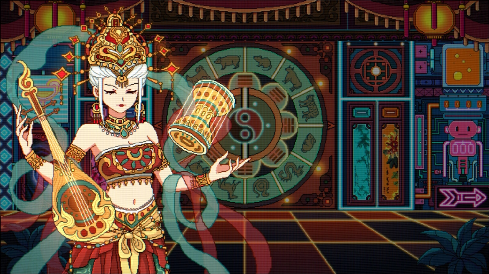 Hack Fate: Ornate crowned woman holds a lute and floating drum in a neon shrine room backdrop.