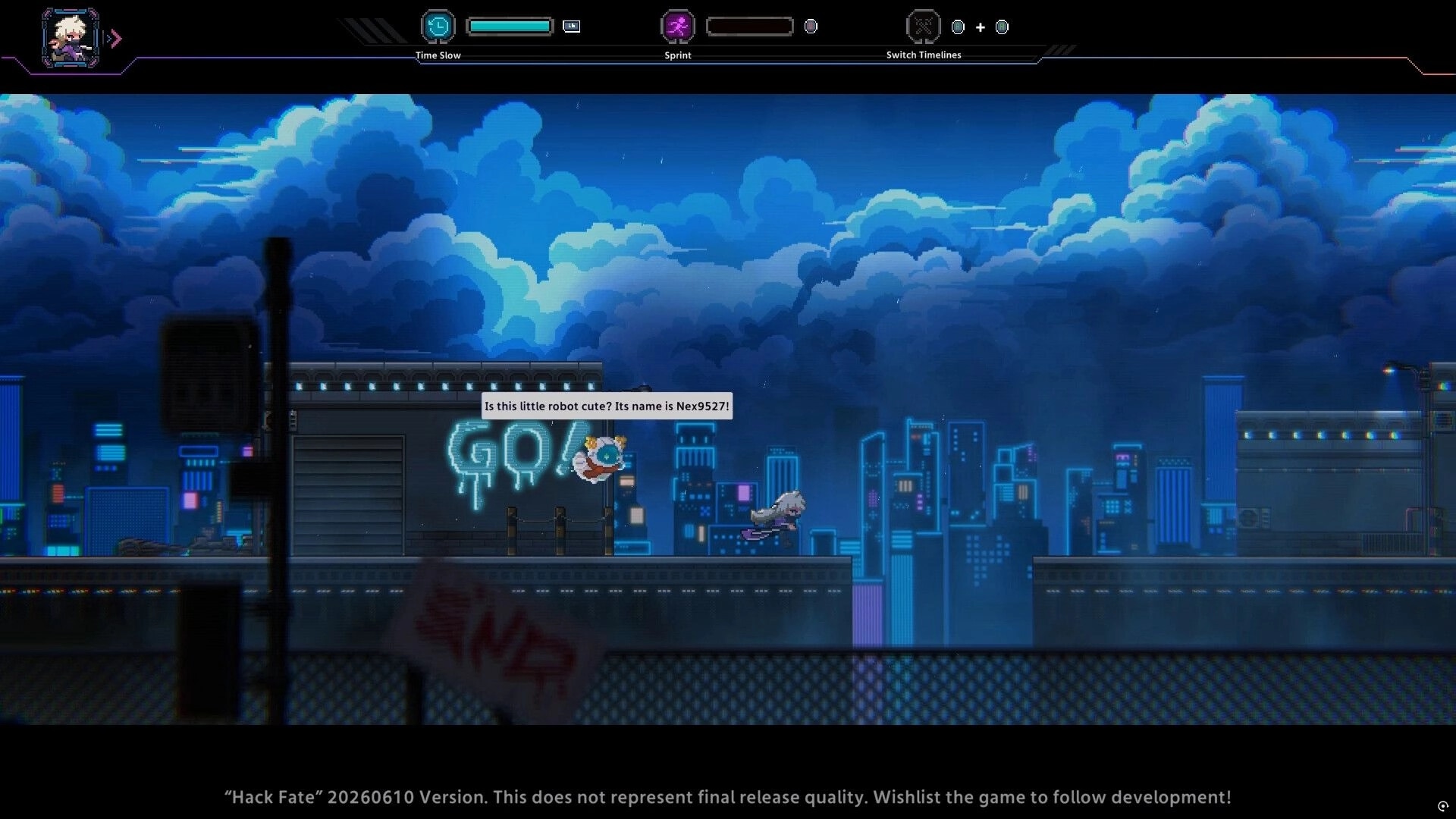 Hack Fate: Player runs past a hovering robot on a rooftop, UI shows Time Slow and Sprint above neon city.