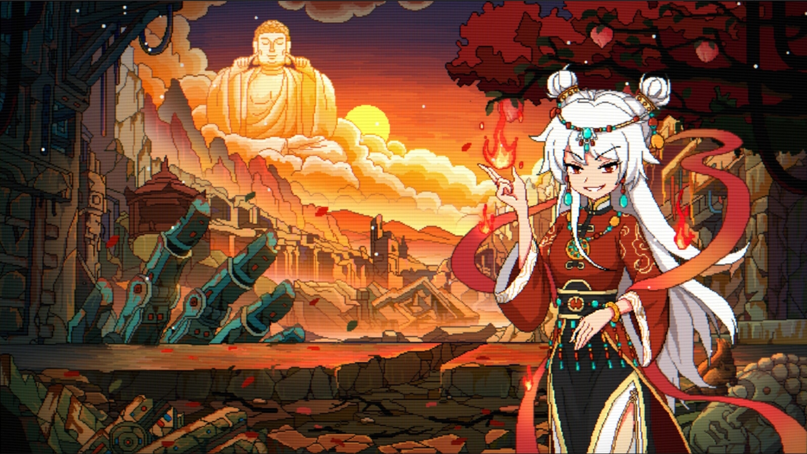 Hack Fate: White-haired sorceress conjures flame amid ruined cityscape at sunset with giant statue in clouds.