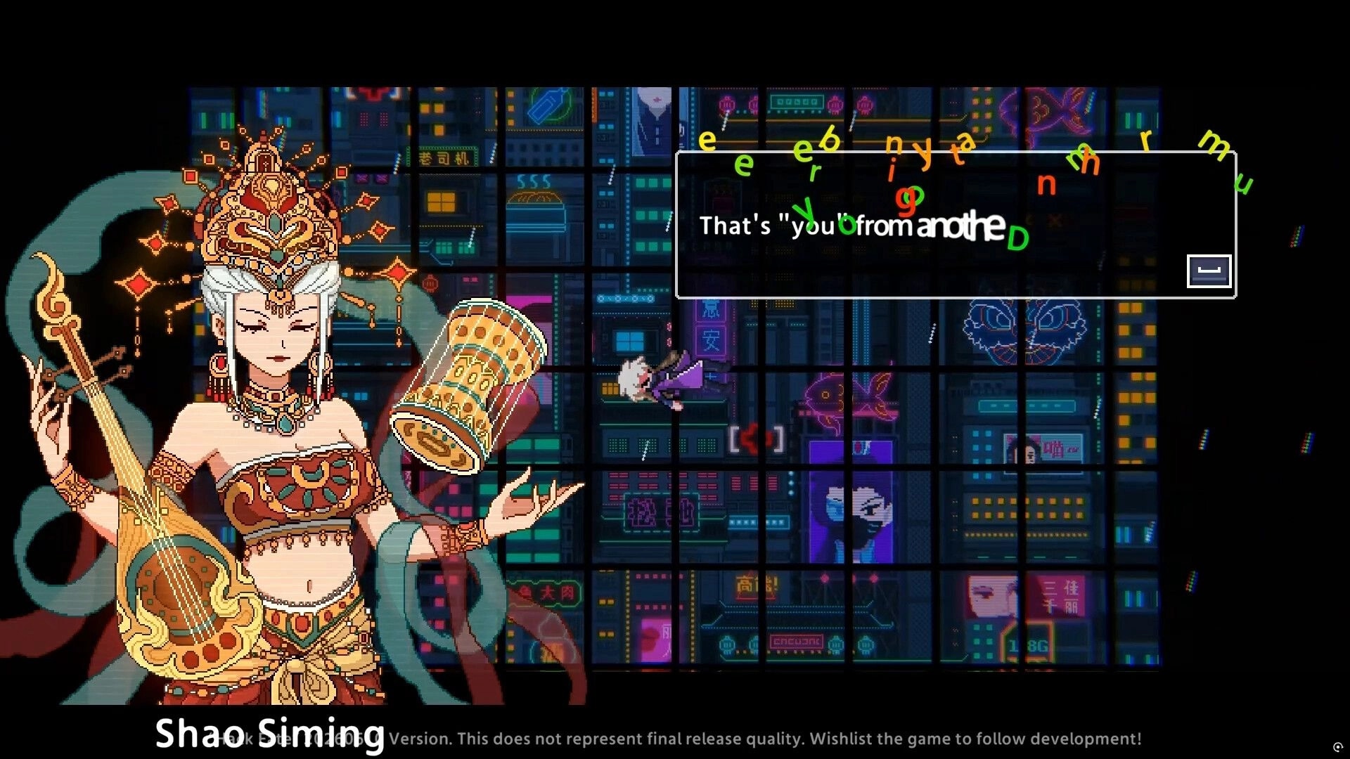Hack Fate: Dialogue scene with Shao Siming beside neon city grid, text box and close button UI.