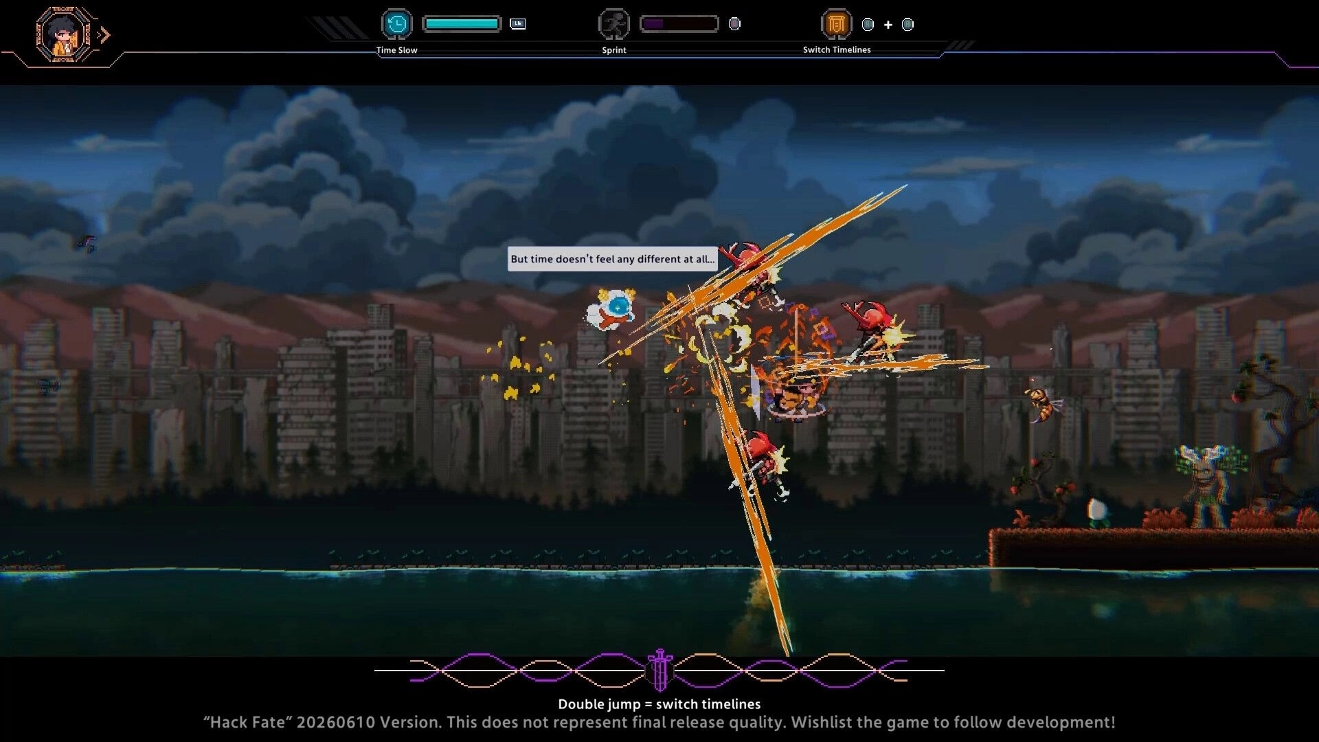 Hack Fate: Midair sword combo hits red enemies with slash trails above a ruined city skyline backdrop.
