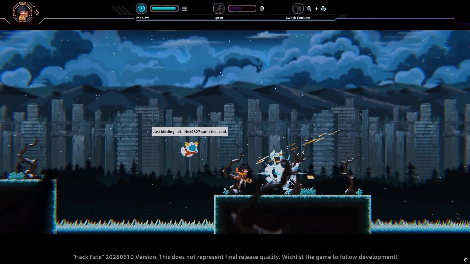 Hack Fate: Hero faces a hovering drone by icy platforms, city skyline backdrop, time-slow UI visible.