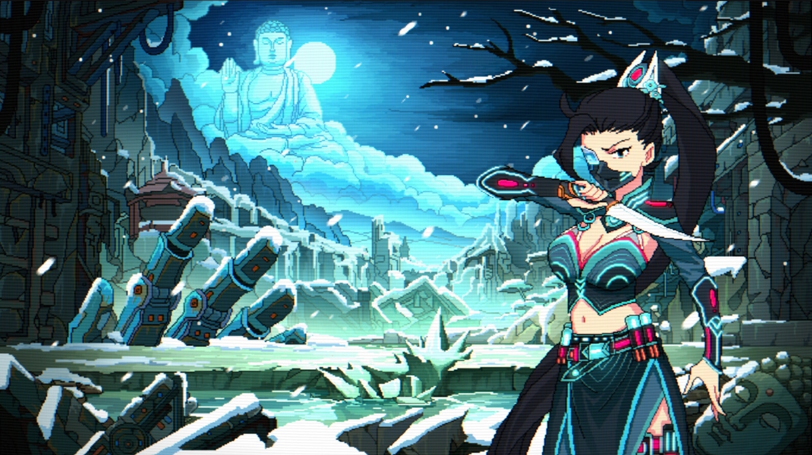 Hack Fate: Masked cyber ninja brandishes blade in snowy ruins beneath a glowing Buddha statue at night.