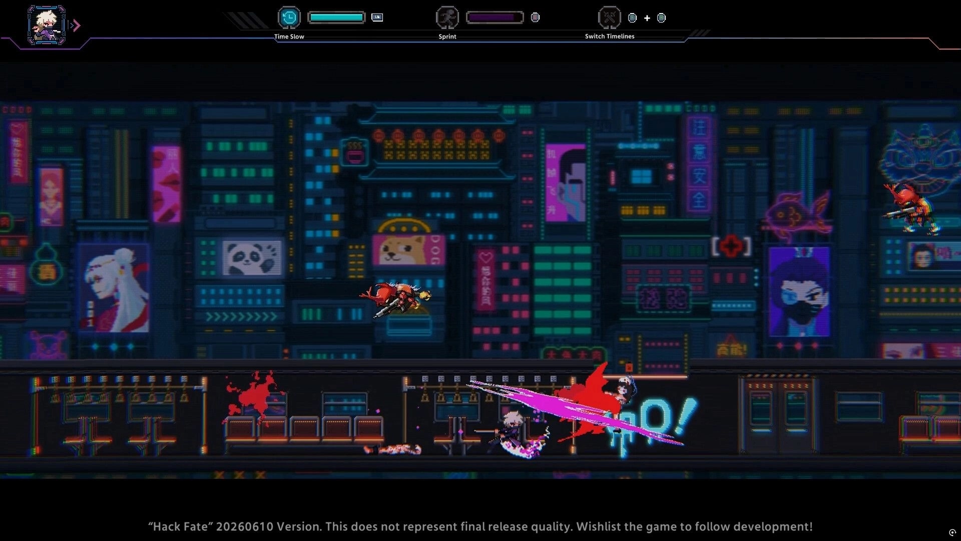 Hack Fate: Pixel fighter slashes an enemy on a subway platform beneath neon billboards and HUD bars.