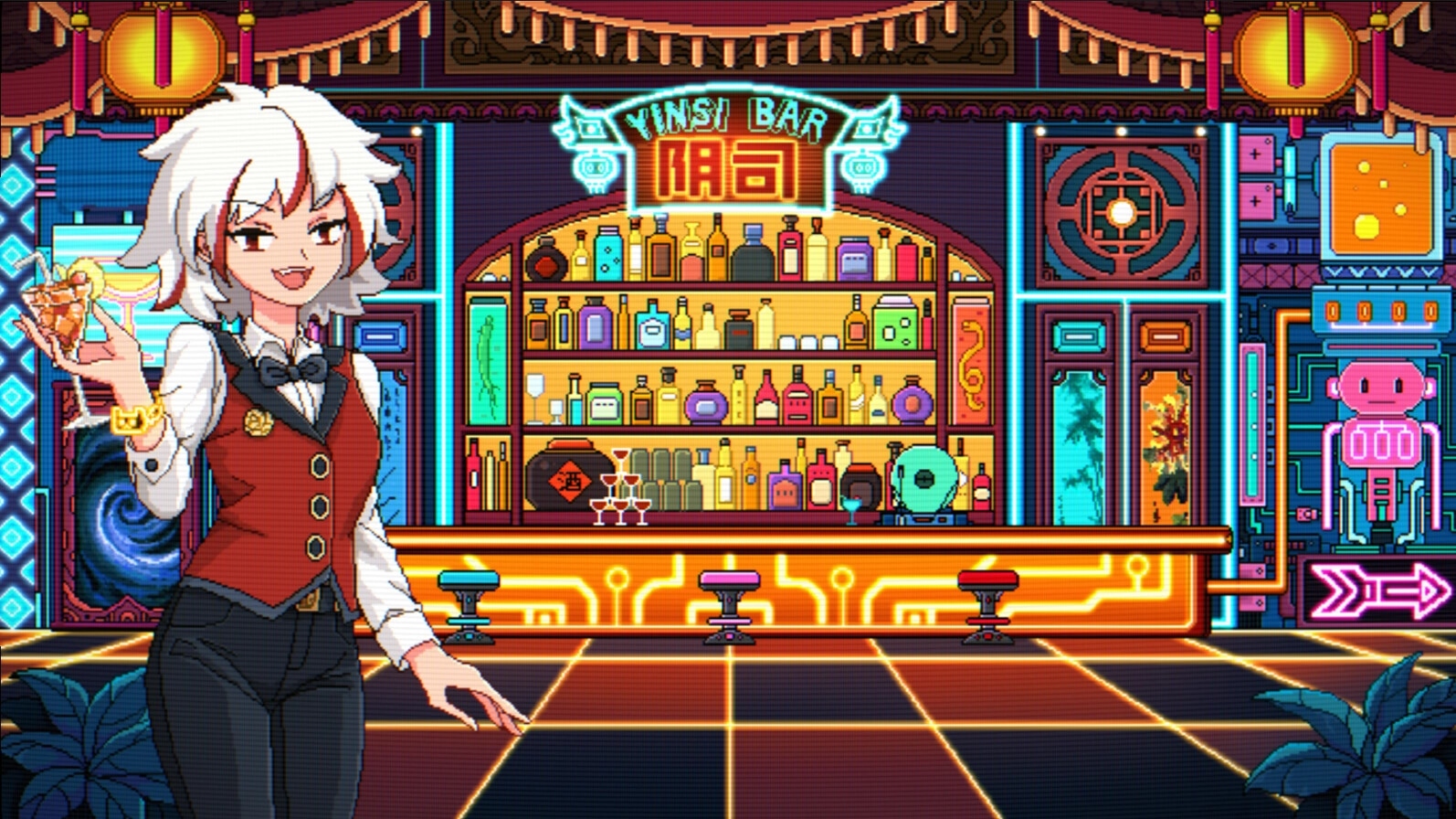 Hack Fate: White-haired bartender holds a cocktail before neon Yinsi Bar shelves and stools indoors.