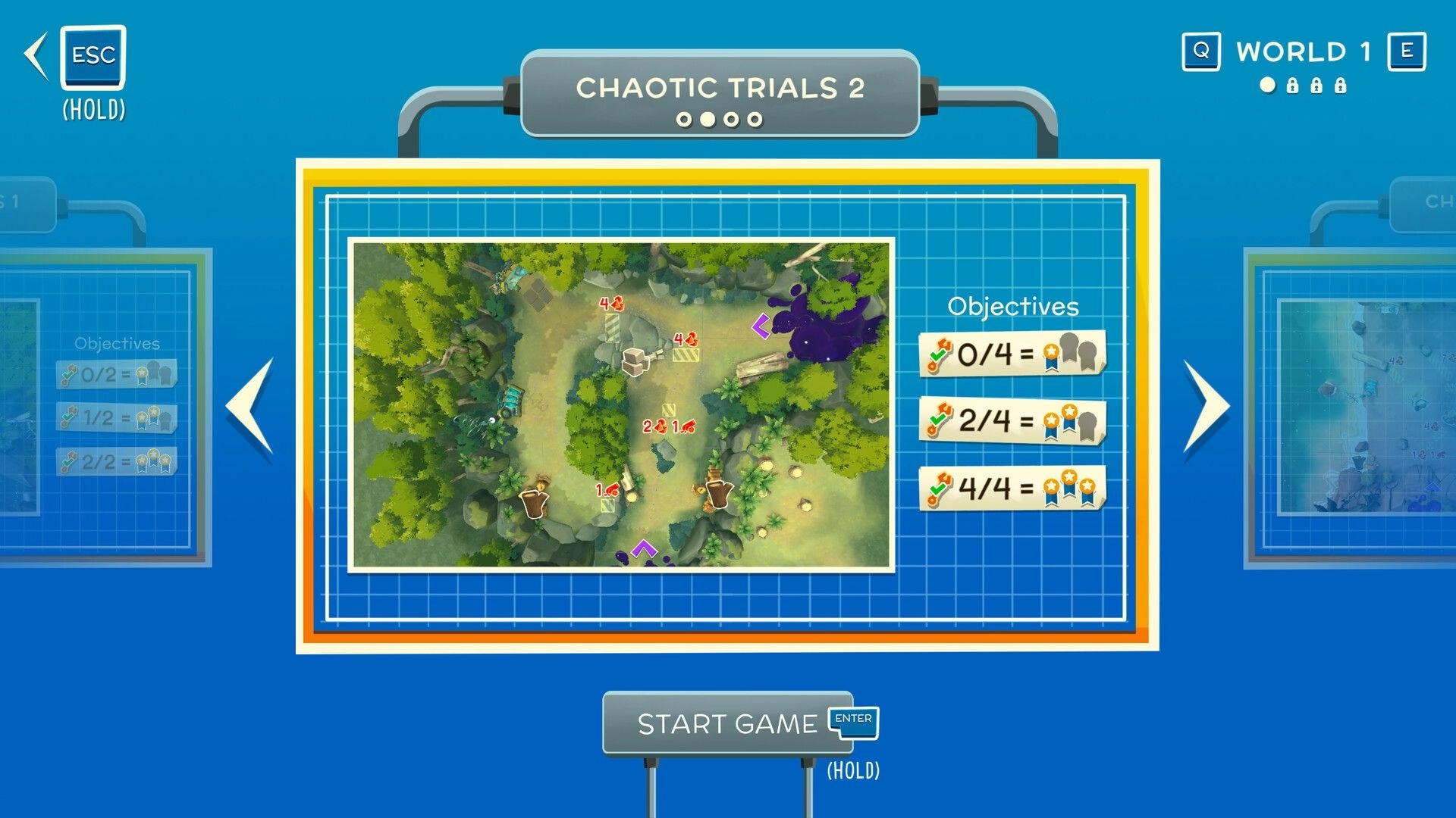 Hack 'n' Stack: Level select for Chaotic Trials 2 with map preview and objectives panel on blue grid UI.