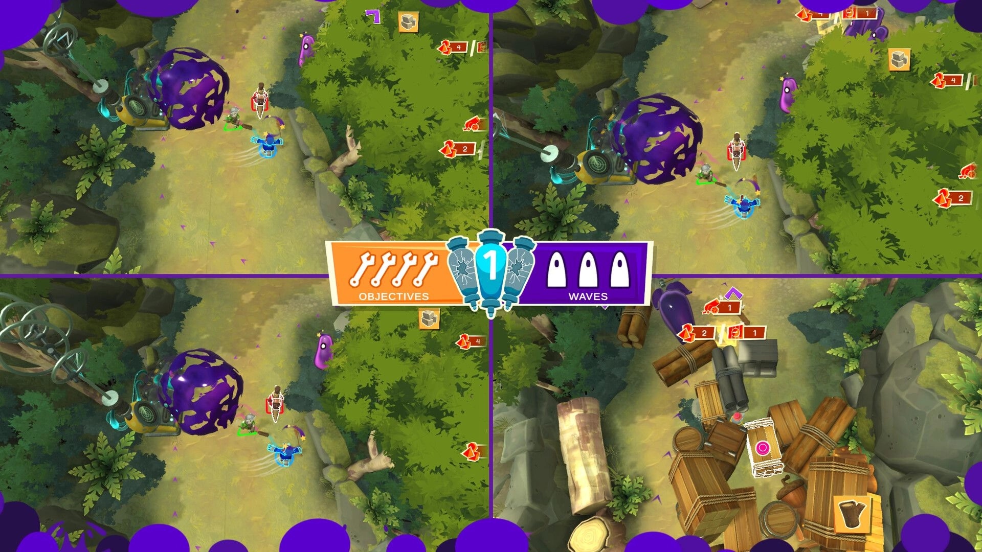 Hack 'n' Stack: Four-player split-screen objectives and waves HUD on a forest path with goo turret.