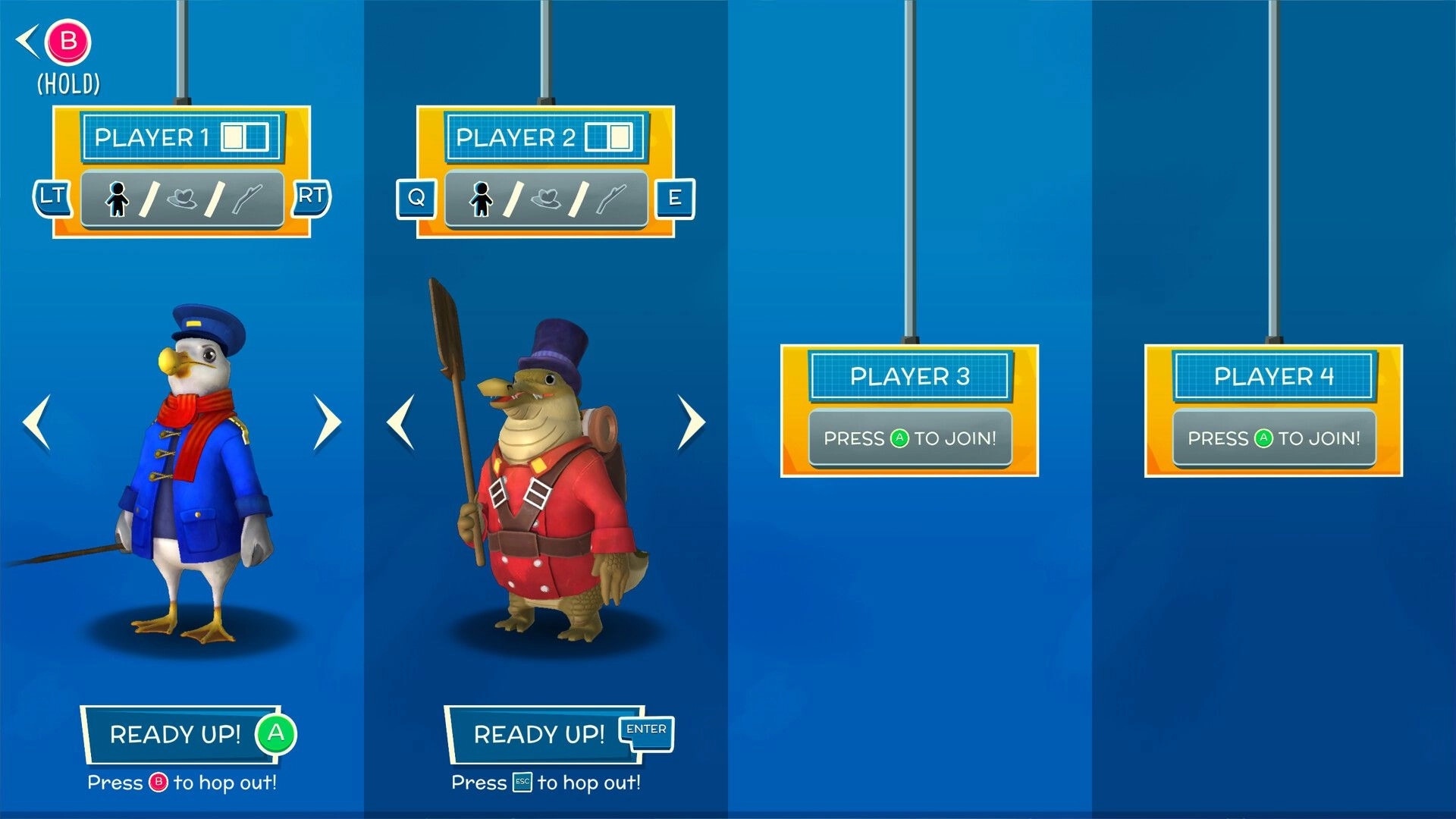 Hack 'n' Stack: Two players on character select with bird and lizard avatars, slots 3-4 join prompt.