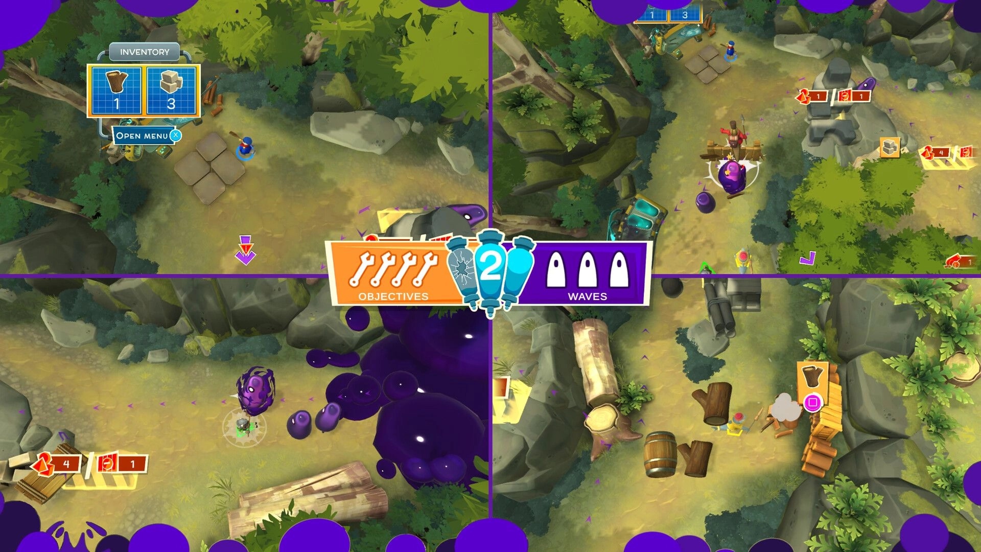 Hack 'n' Stack: Four-player split-screen with inventory and objectives UI in a forest path arena.