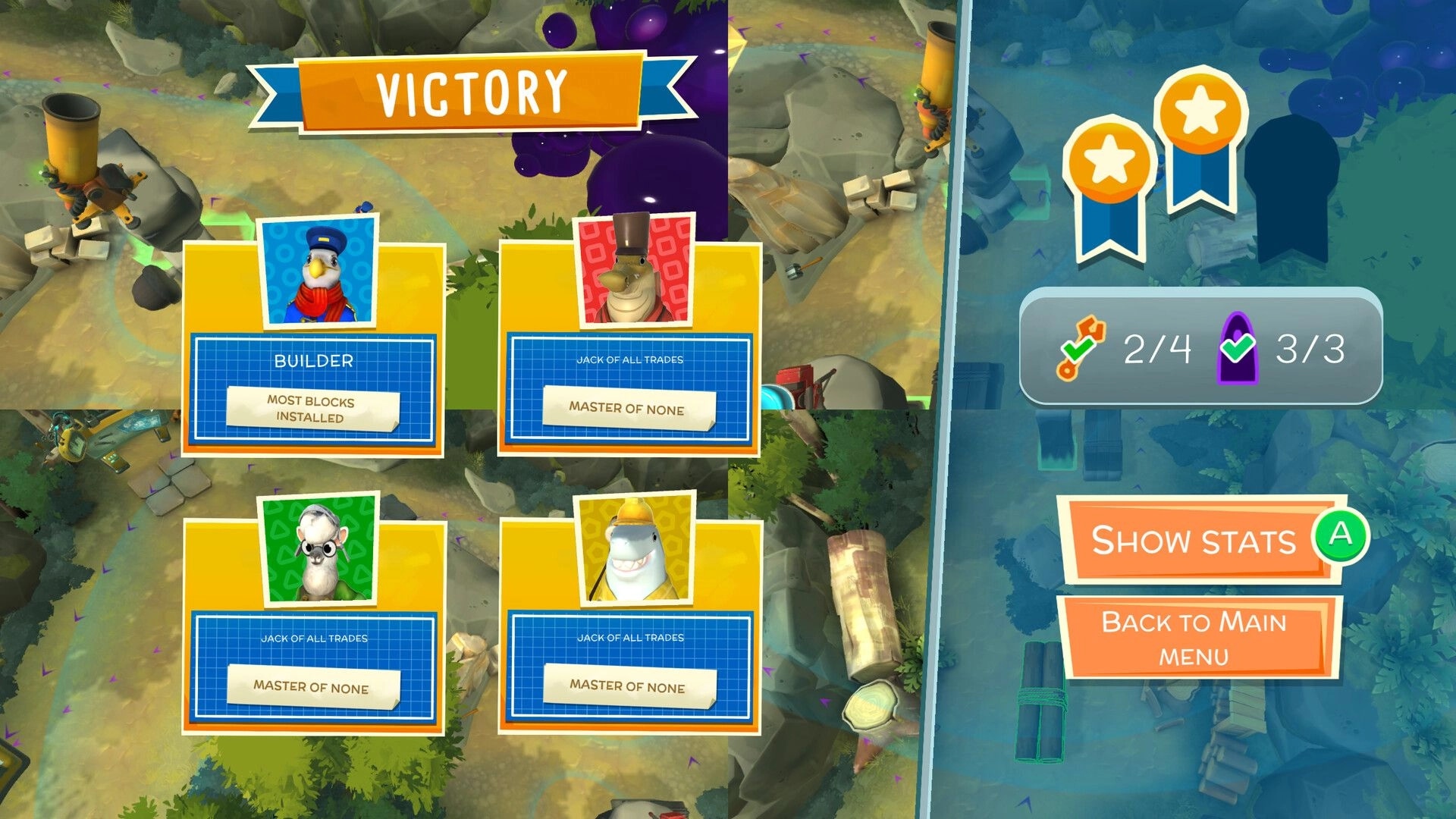 Hack 'n' Stack: Victory results screen with four player awards and stats buttons over forest map.