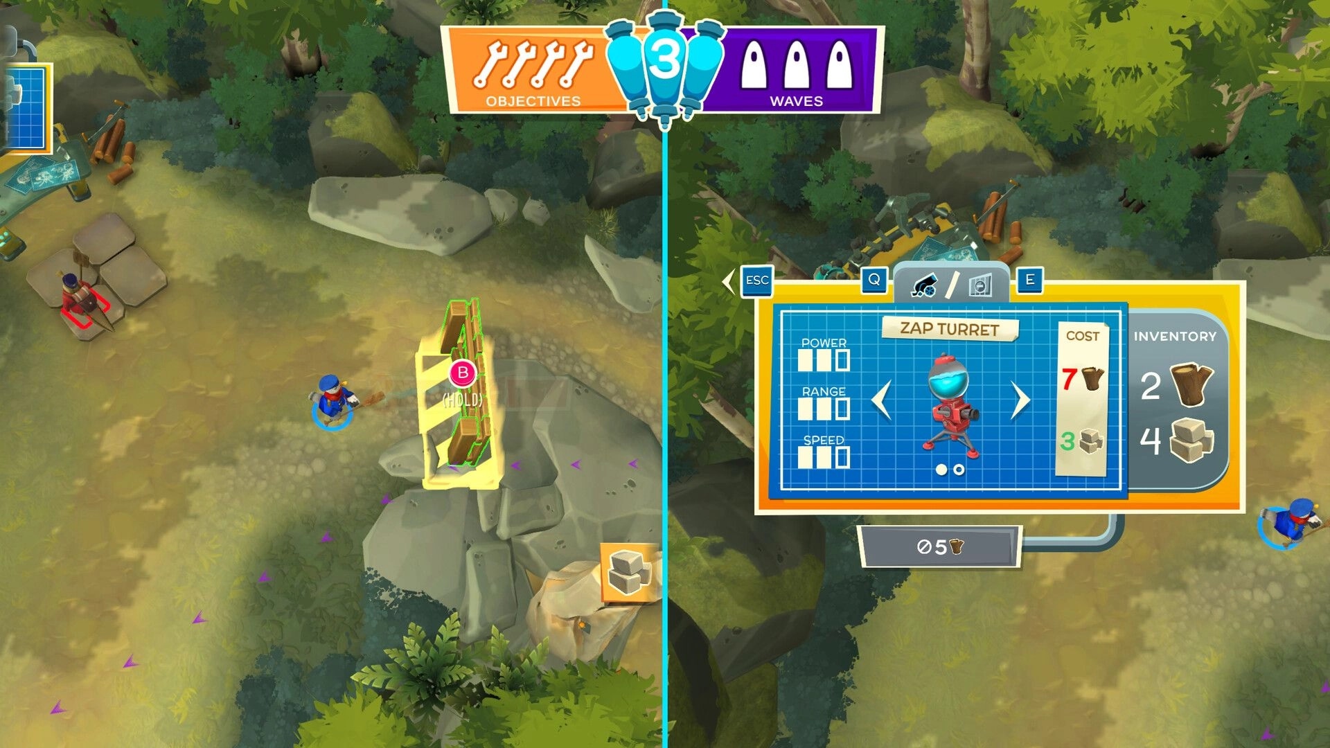 Hack 'n' Stack: Split-screen building a barricade and selecting Zap Turret on a forest path map.