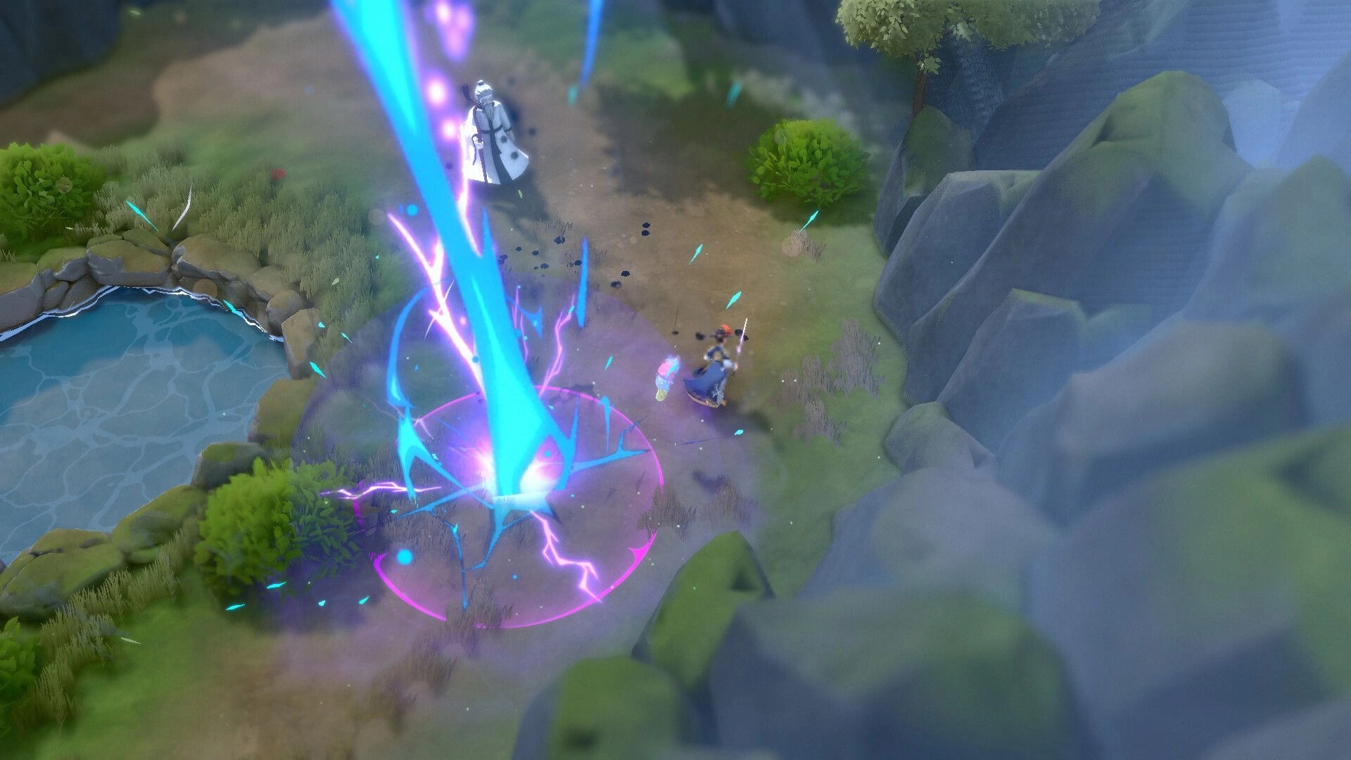 HaeTae: Player dodges a blue energy beam in a rocky, grassy landscape with a water pond nearby.