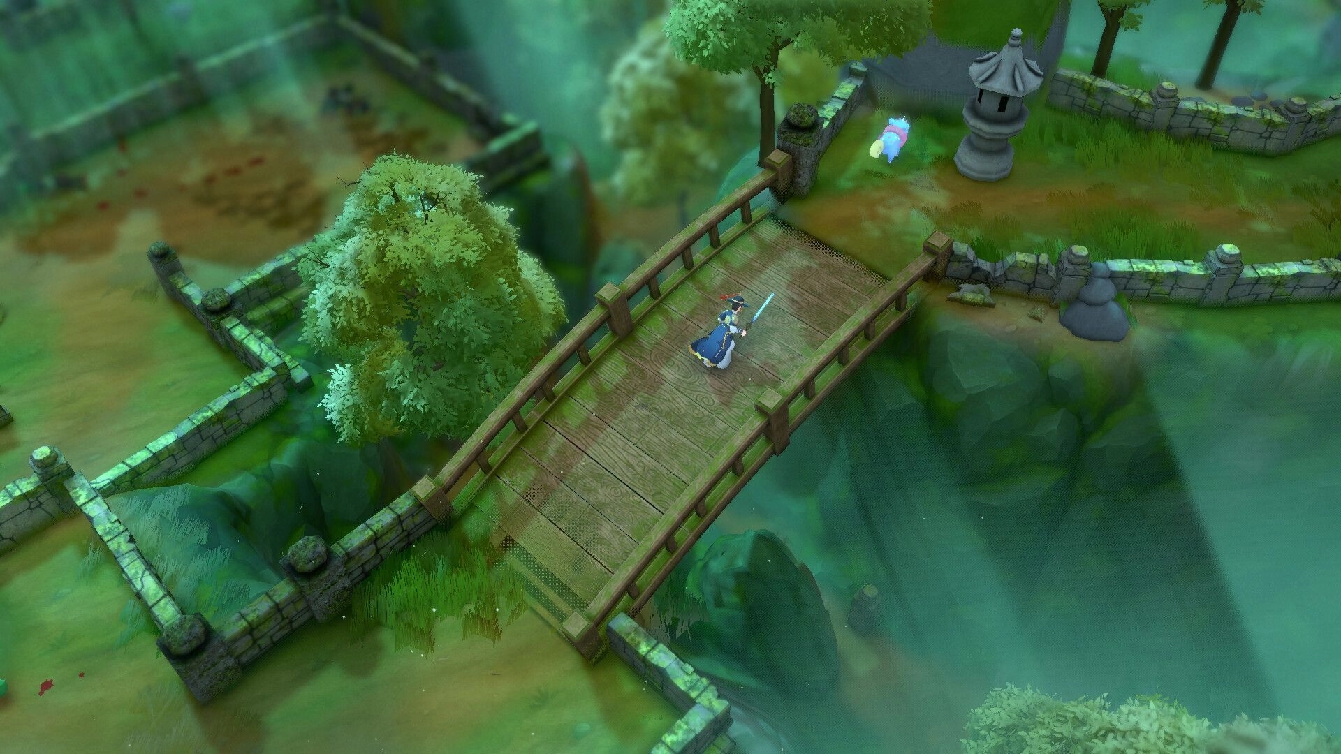 HaeTae: Player crossing a wooden bridge with Haetae in a lush, forested area with stone lanterns.