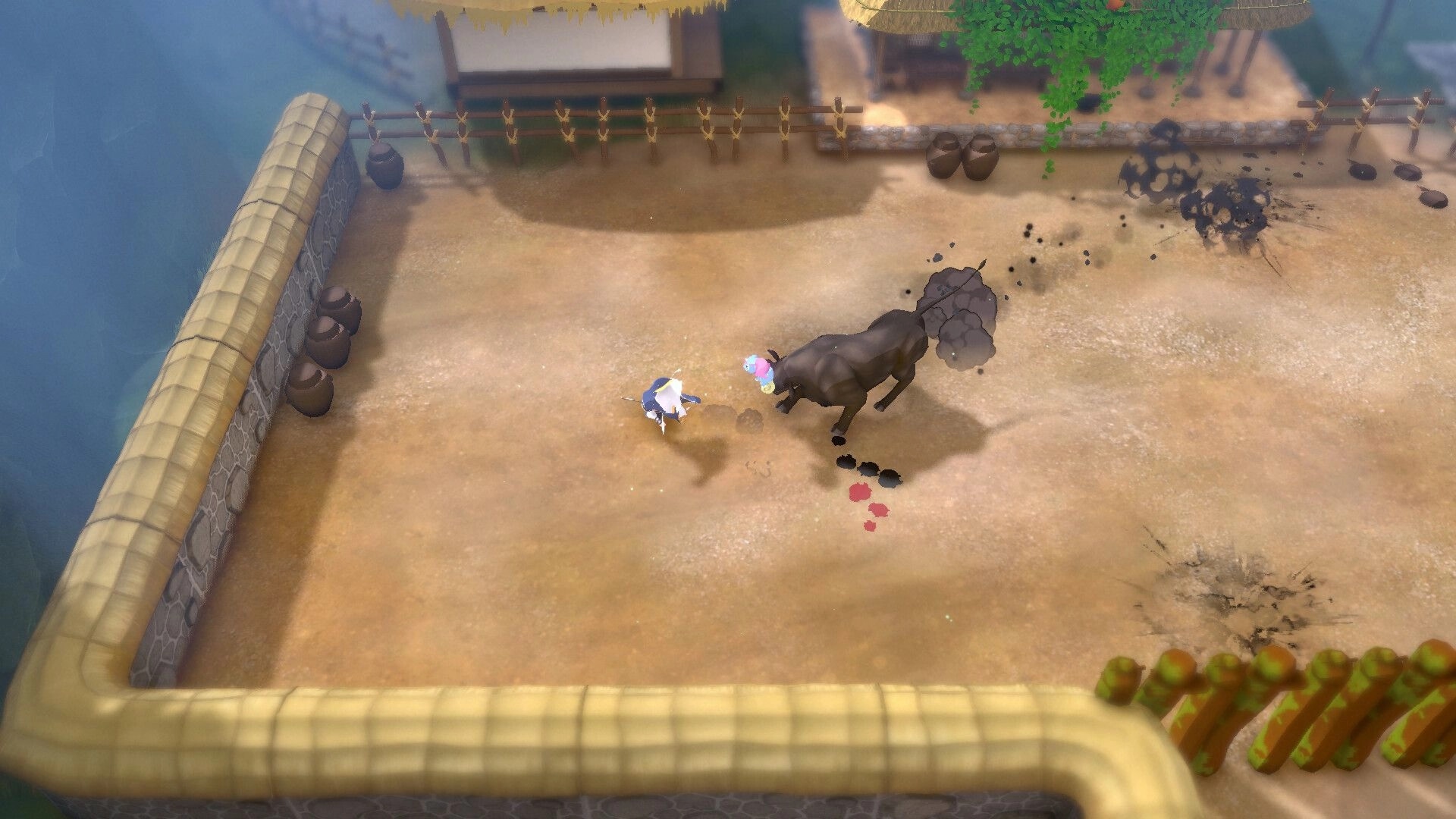 HaeTae: Player battles a large black bull-like monster in a walled courtyard with pottery scattered around.