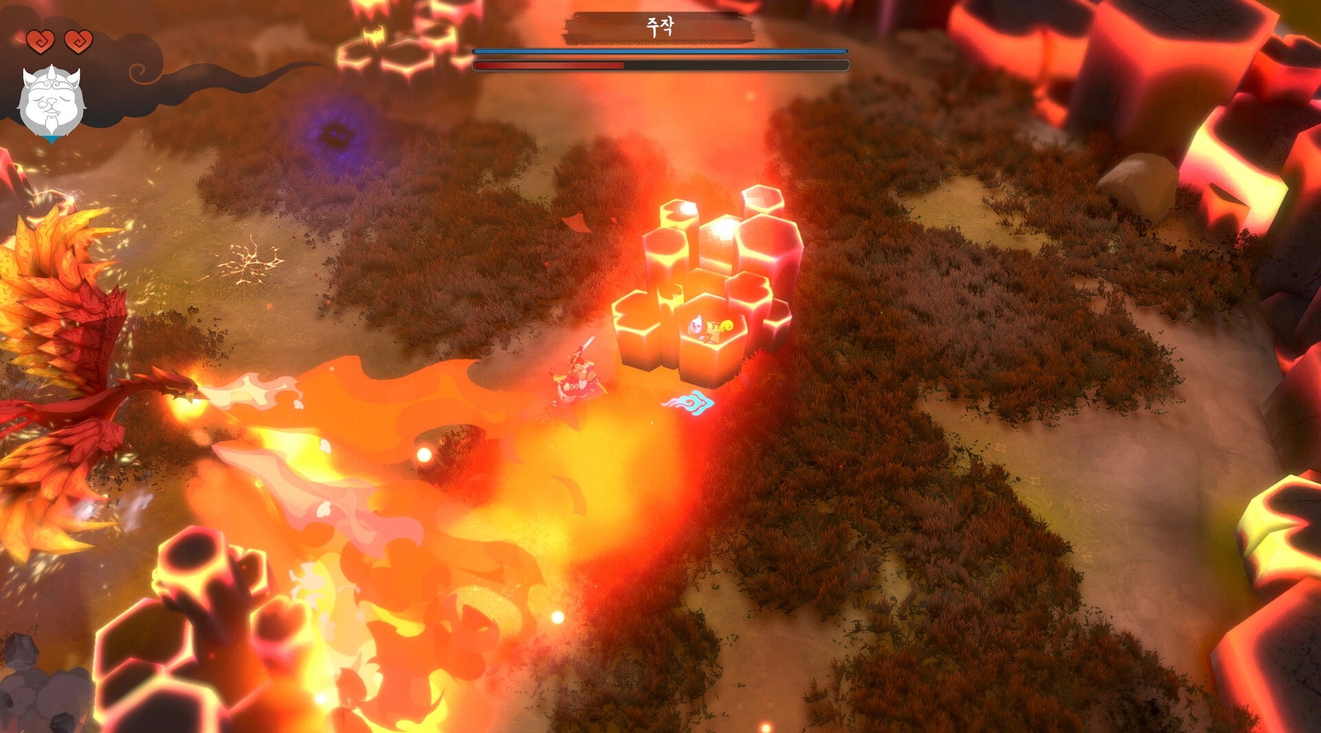 HaeTae: Player battles fiery phoenix amid hexagonal lava pillars in a scorched landscape.