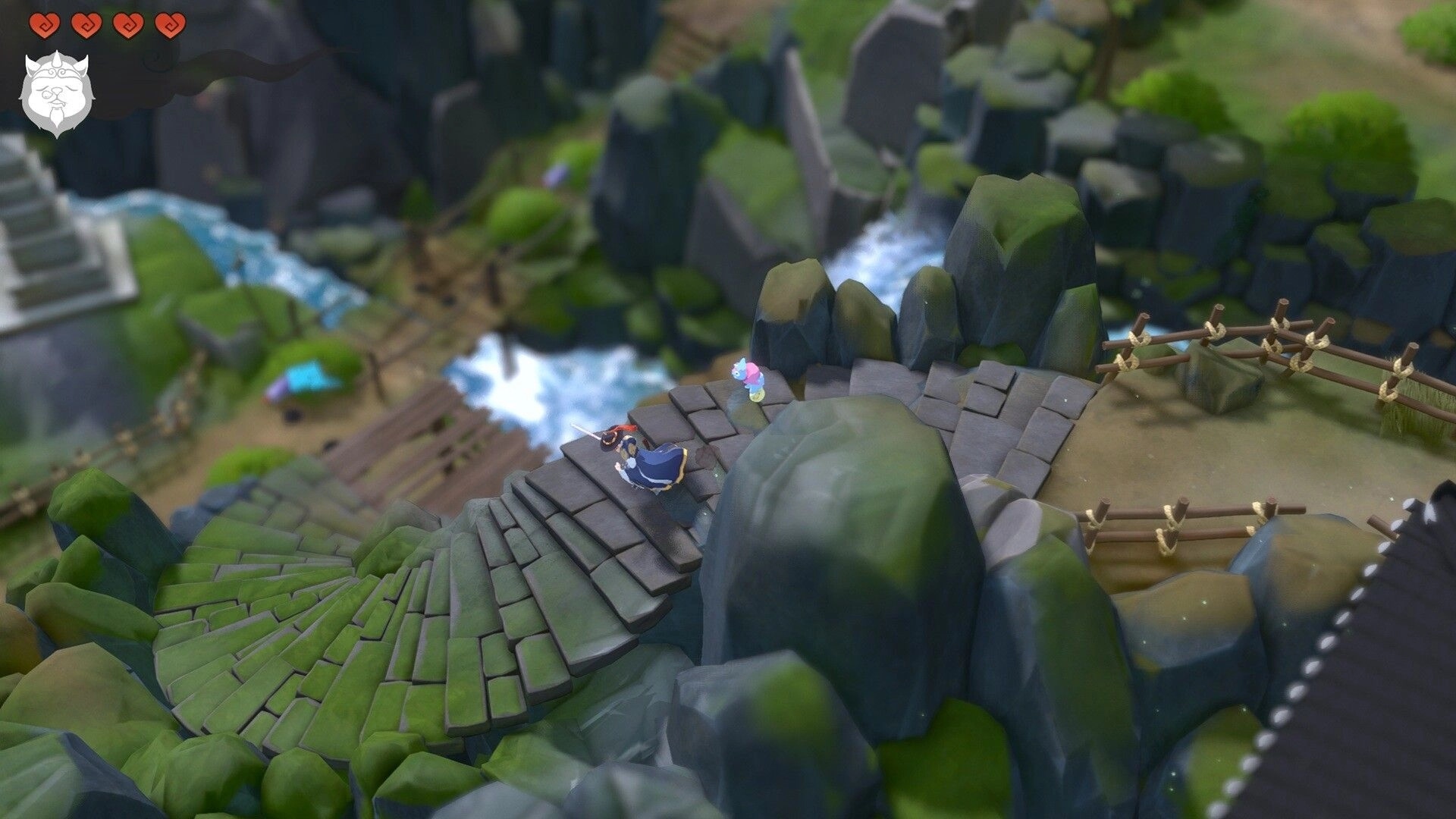 HaeTae: Character and mythical creature descending stone steps in lush mountainous terrain.