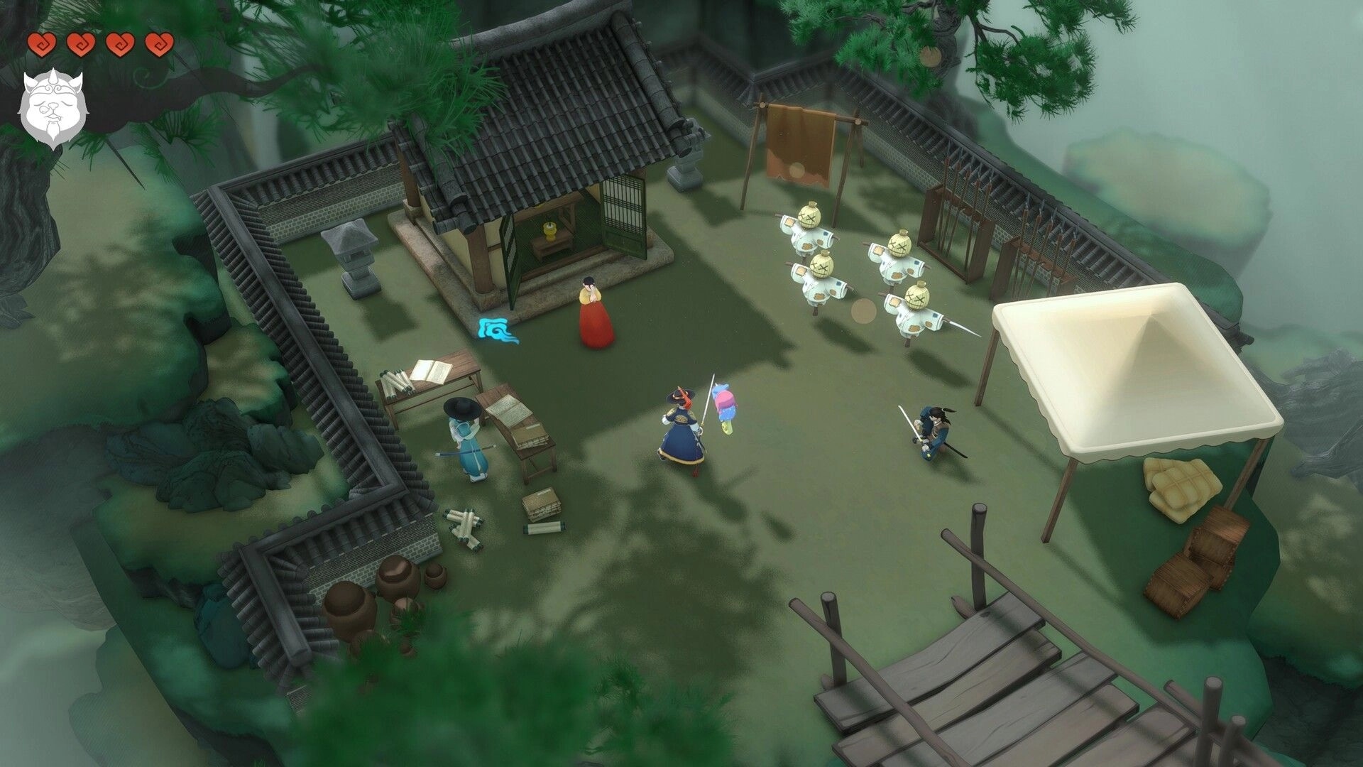 HaeTae: Characters in courtyard preparing for battle with floating enemies nearby