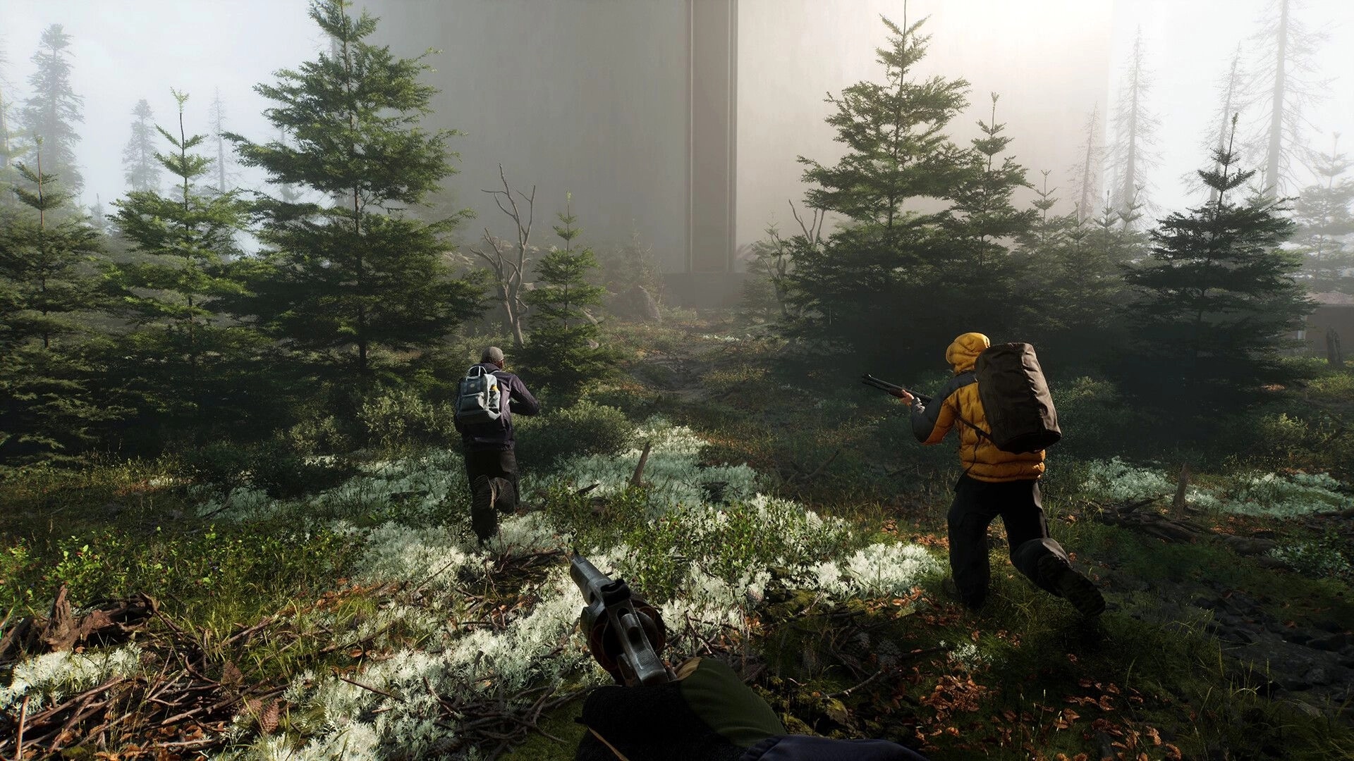 HAEX: Two armed players with backpacks move through misty pine forest toward a towering monolith.