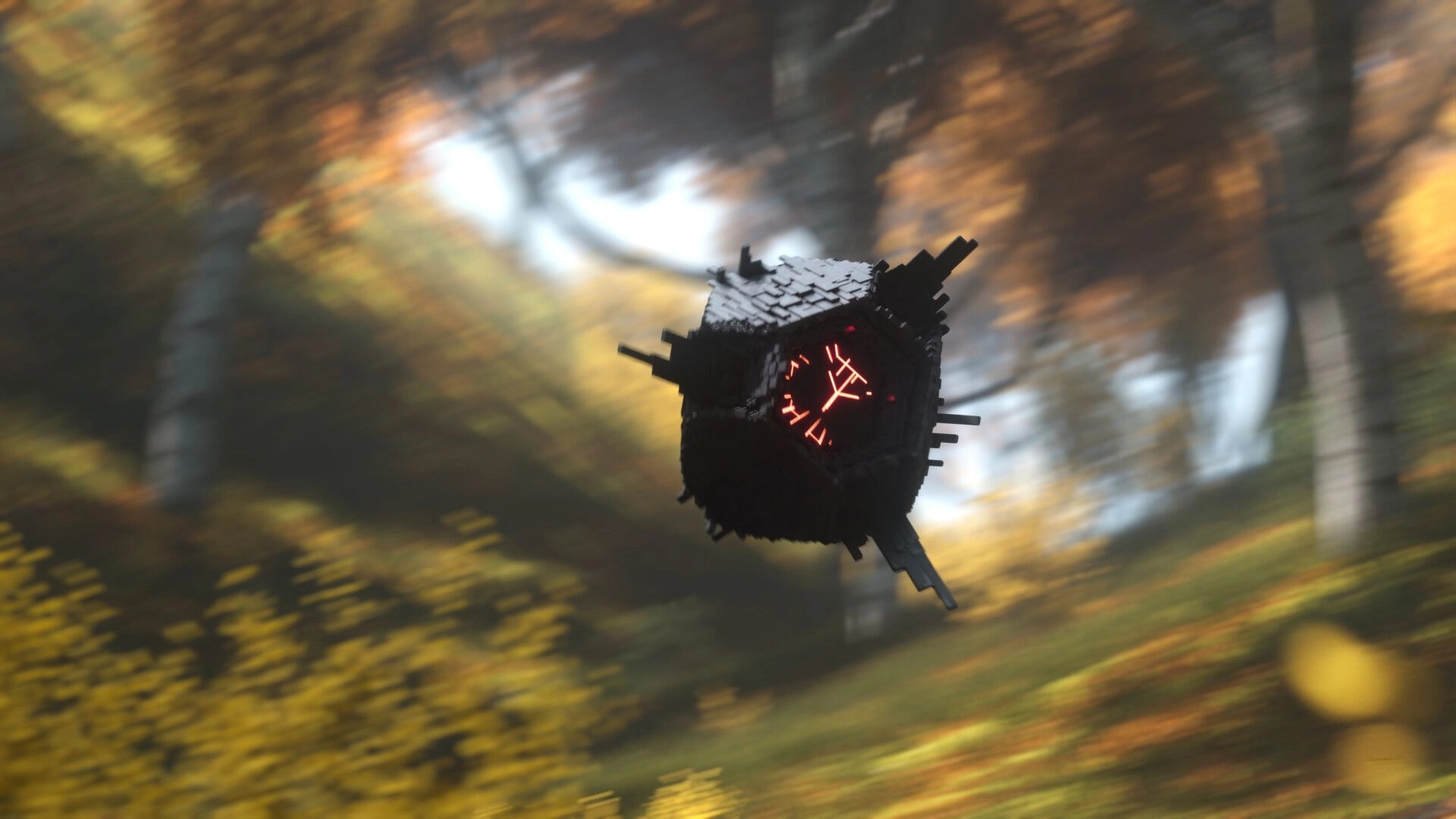 HAEX: Floating black alien cube with glowing red runes drifting through a blurred autumn forest.