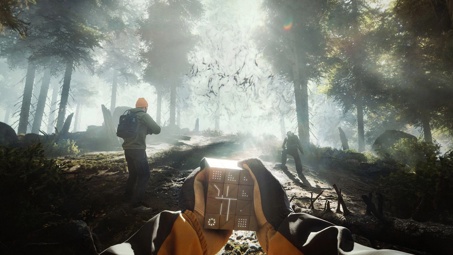 HAEX: First-person player holds a puzzle device as two teammates approach a misty forest anomaly.