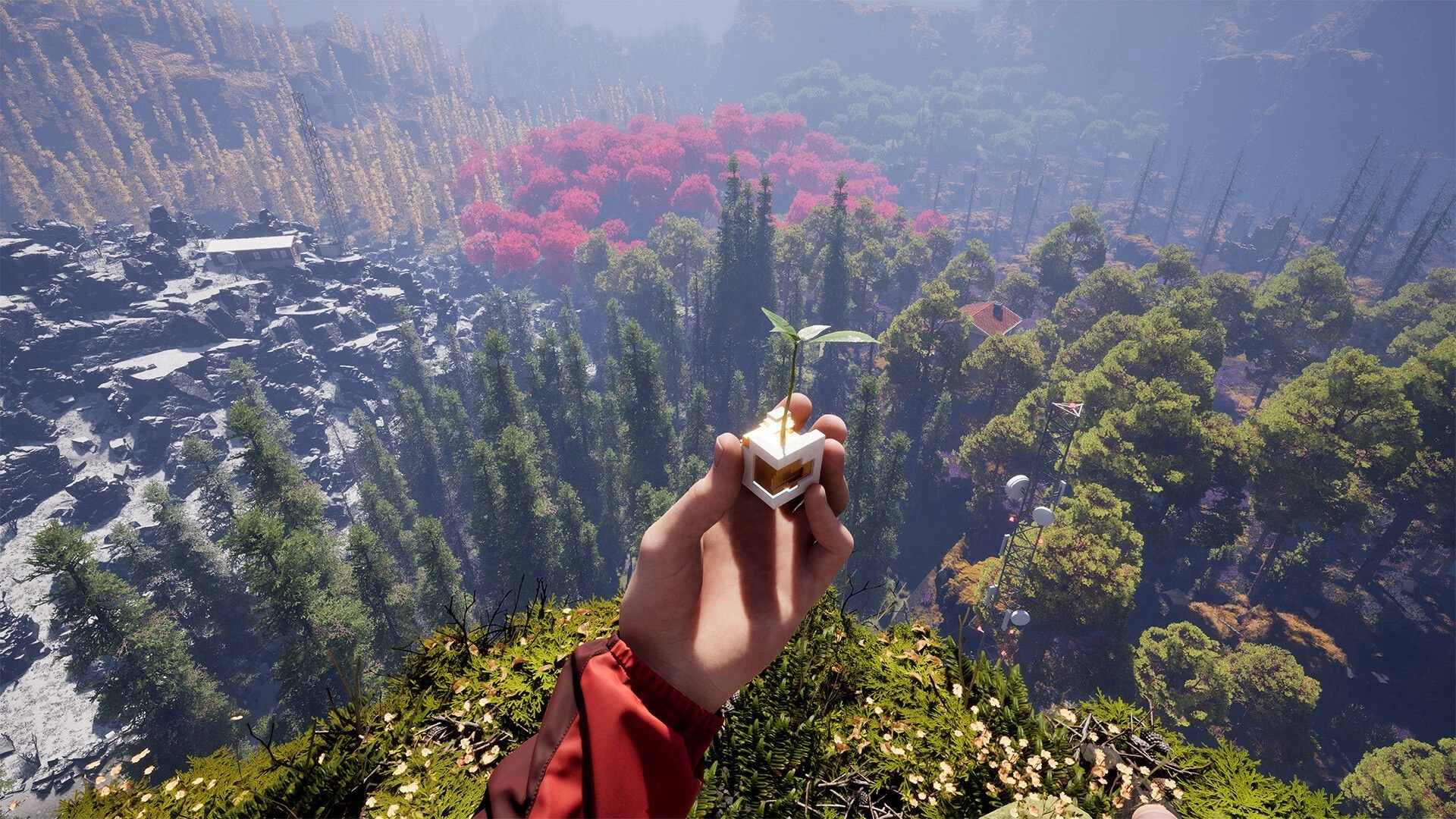 HAEX: First-person hand holds a sprouting cube gadget overlooking a misty forest valley and radio tower.