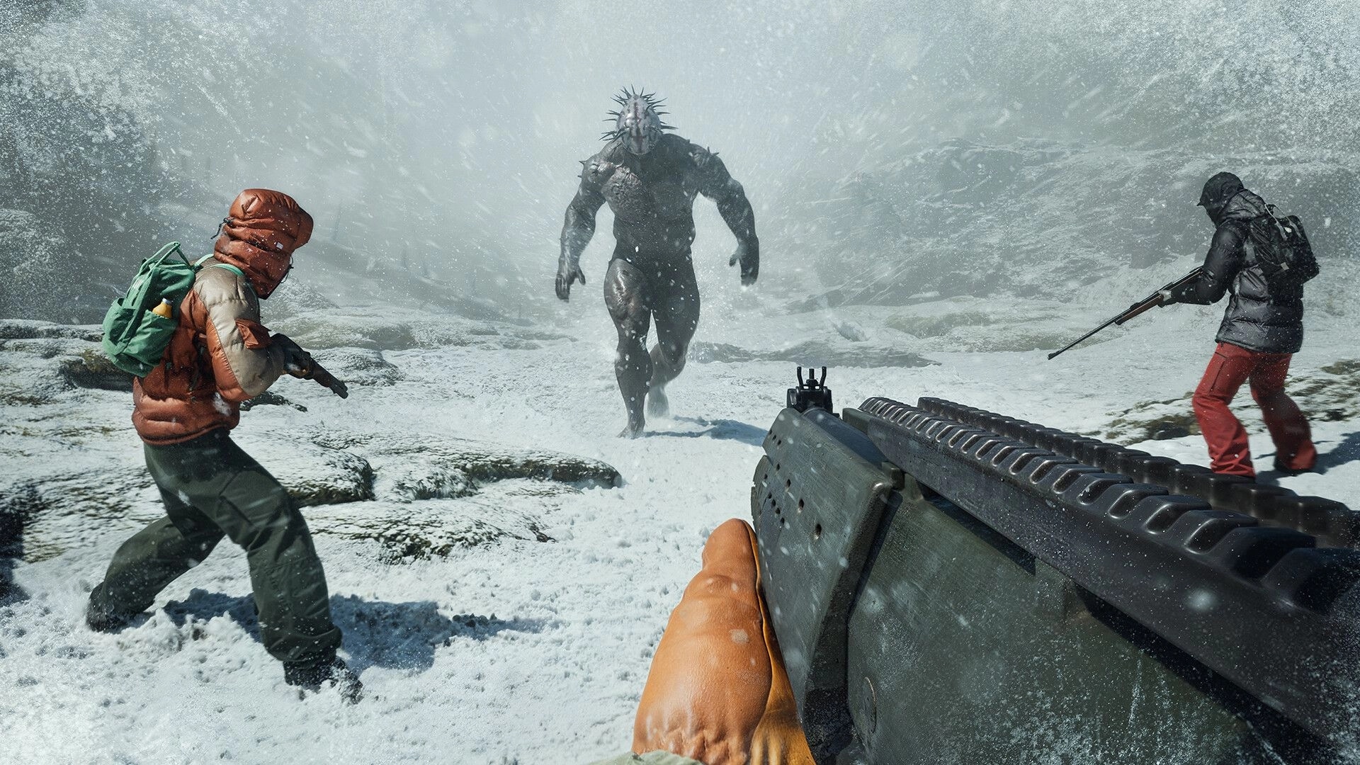 HAEX: First-person shotgun aimed at charging spiked monster as teammates shoot in blizzard tundra.
