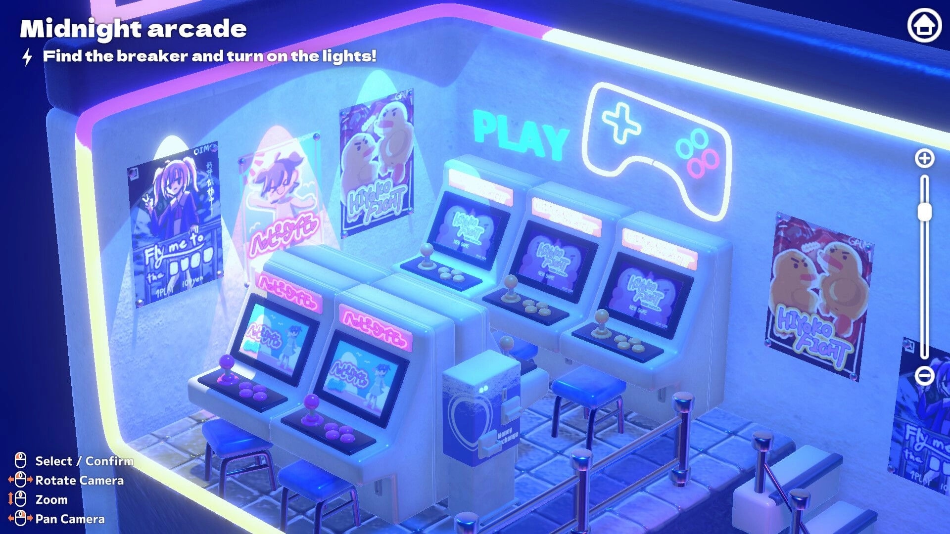 Hakoniwa Electric: Midnight arcade objective UI over neon-lit arcade cabinets and game posters indoors.