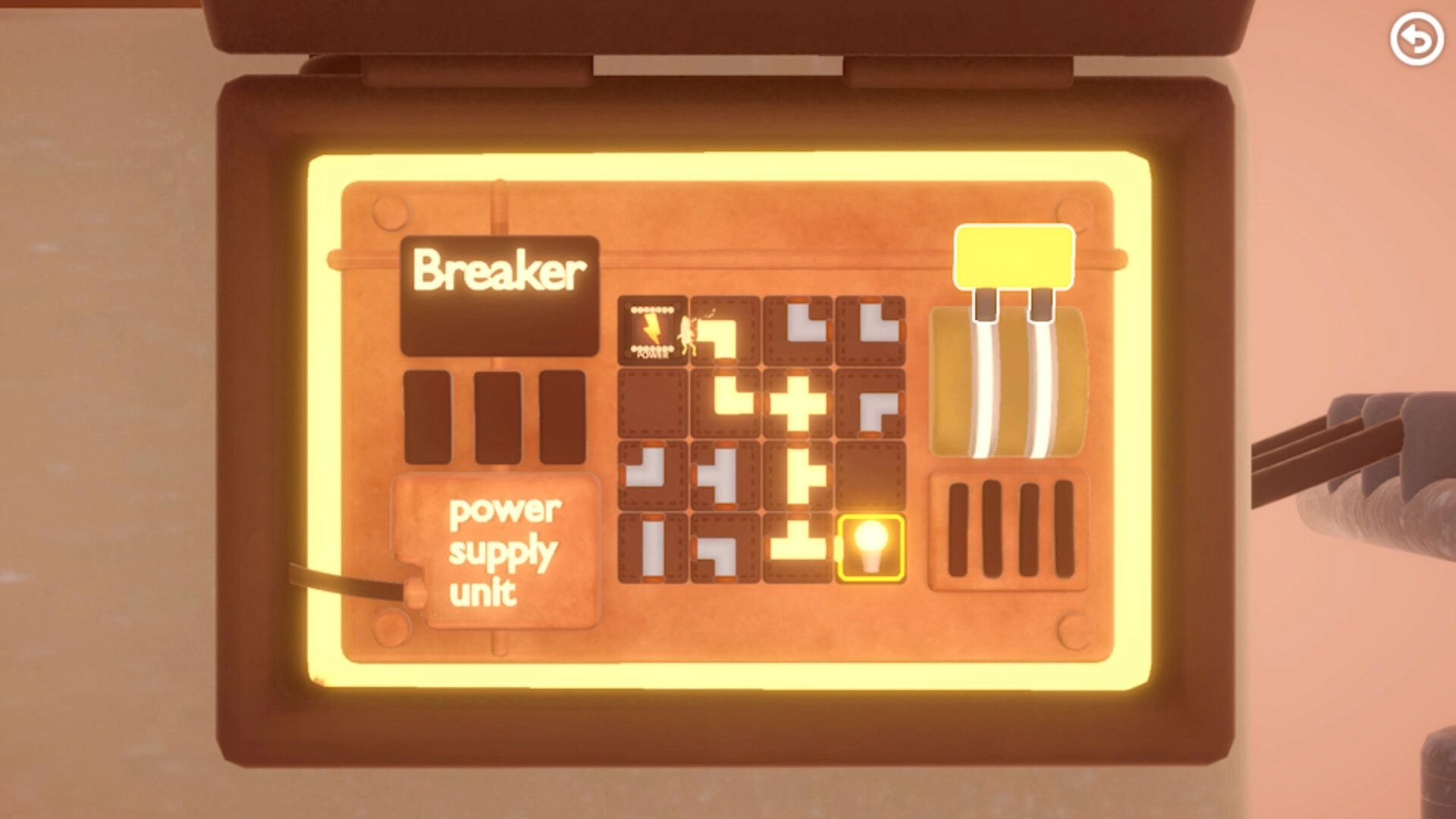 Hakoniwa Electric: Breaker power supply unit puzzle grid with lit path and bulb icon on panel UI.
