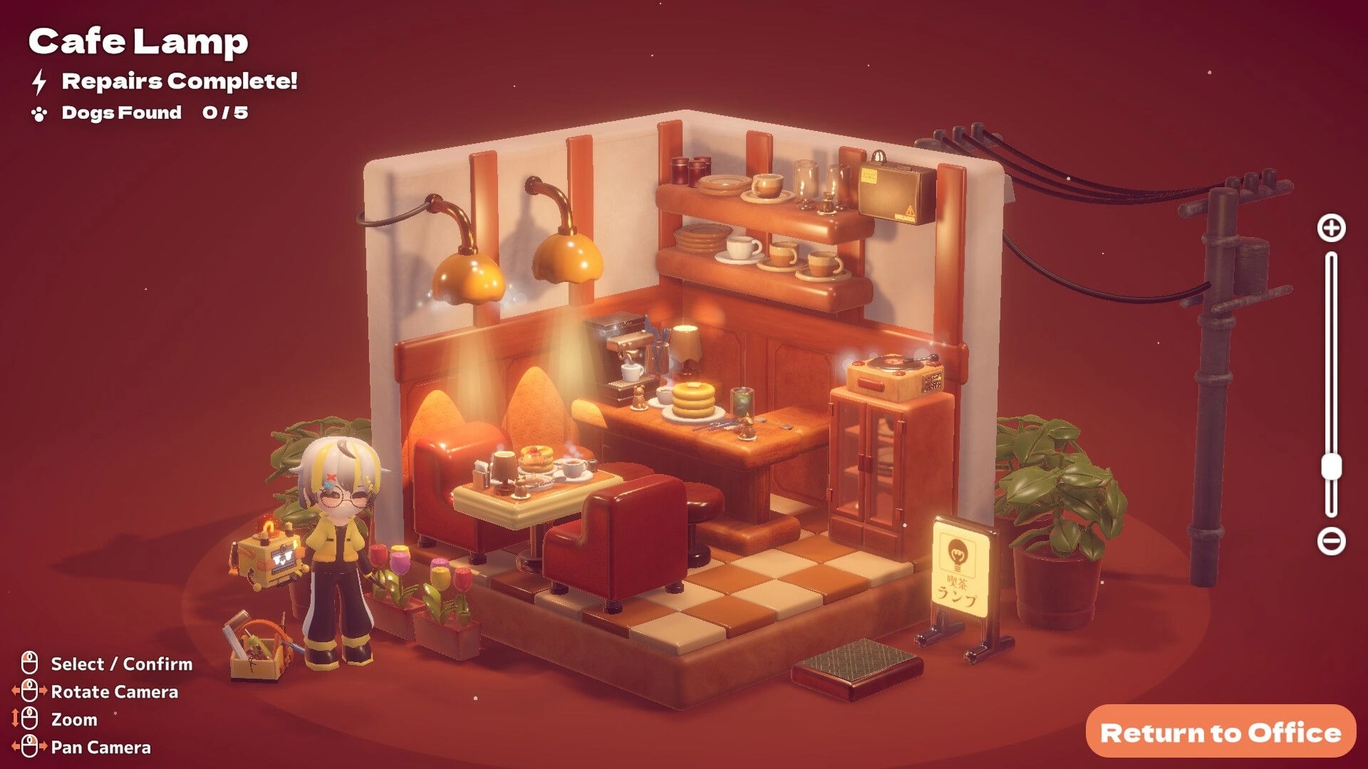 Hakoniwa Electric: Cafe Lamp diorama lit up, Repairs Complete UI in a cozy isometric cafe room.
