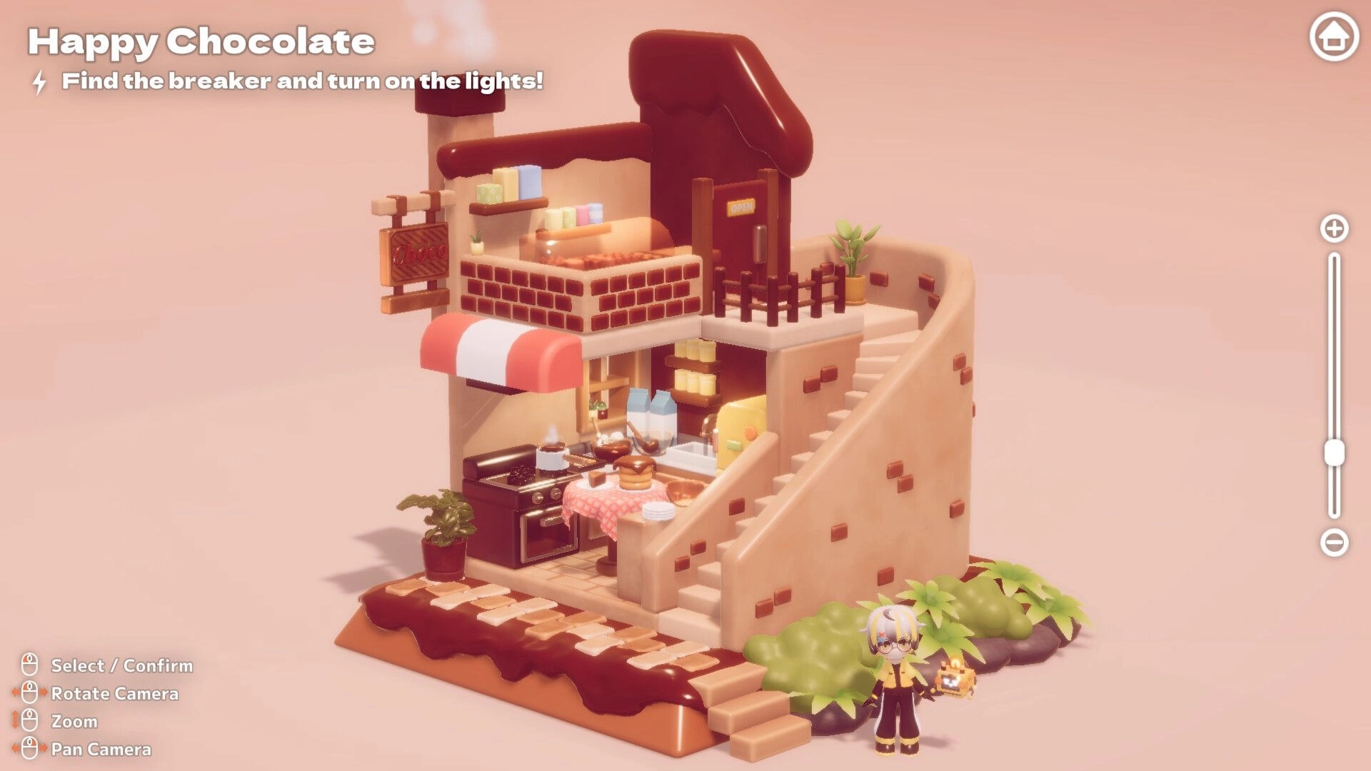 Hakoniwa Electric: Puzzle stage view of a chocolate shop diorama with stairs, UI hints, and a chibi girl.