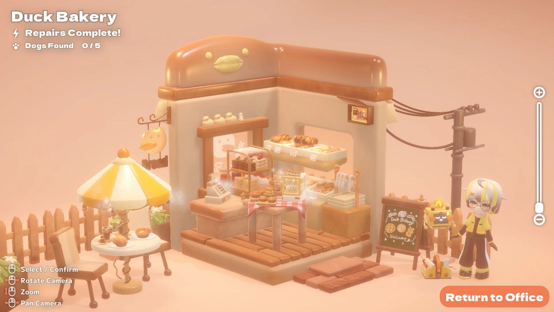 Hakoniwa Electric: Duck Bakery repair complete screen with bakery stall and character beside signboard.