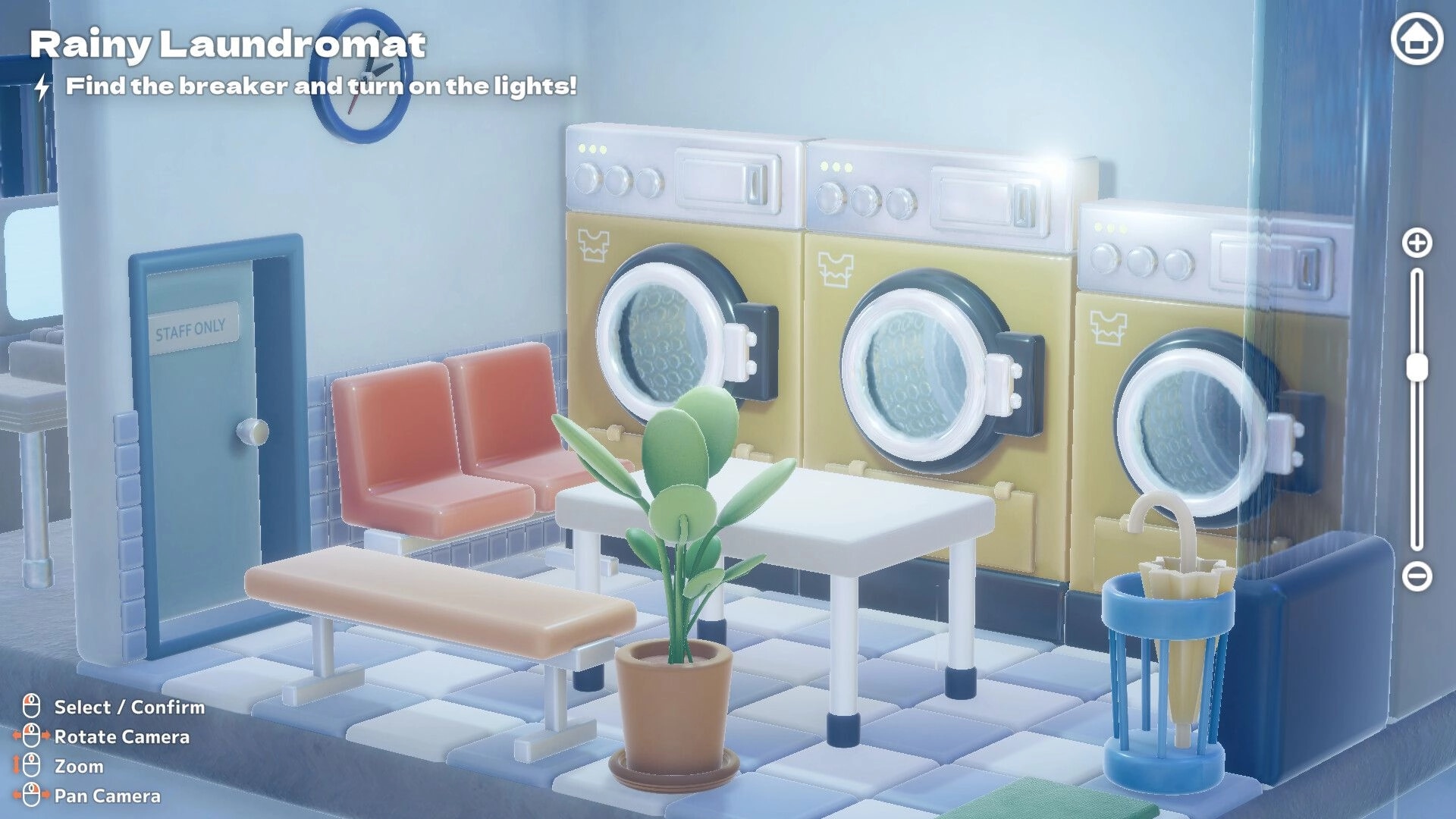 Hakoniwa Electric: Rainy Laundromat level view with washing machines, seats, and zoom UI controls.