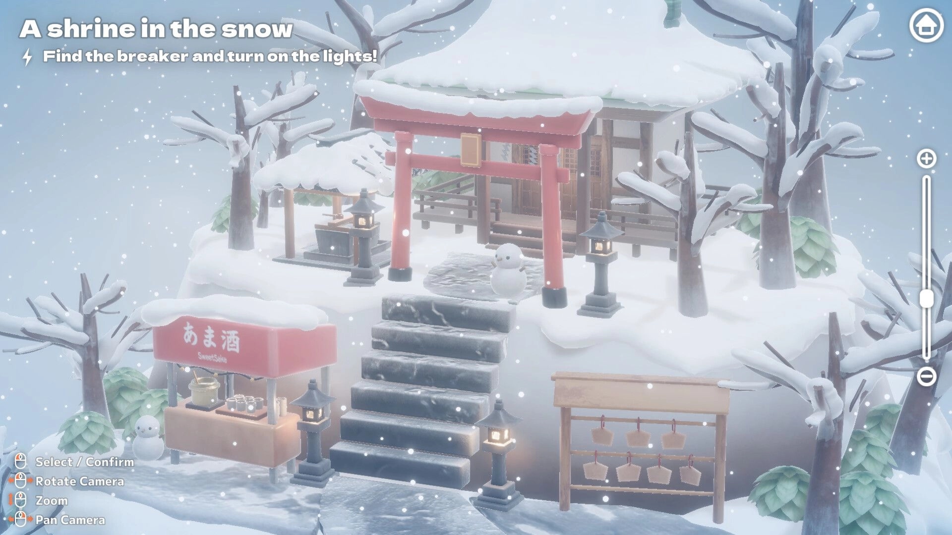 Hakoniwa Electric: Objective text over snowy shrine steps with torii gate, lanterns, and stalls.