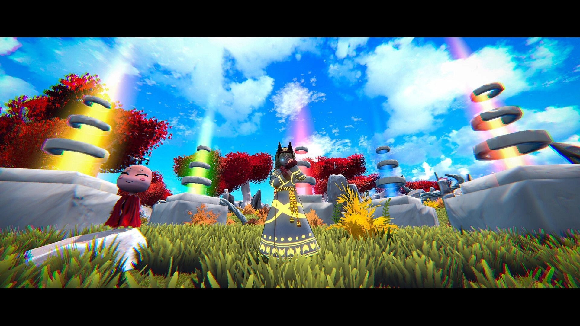 Half Away: Juna stands in a vibrant spirit realm with colorful beams and floating stones around her.