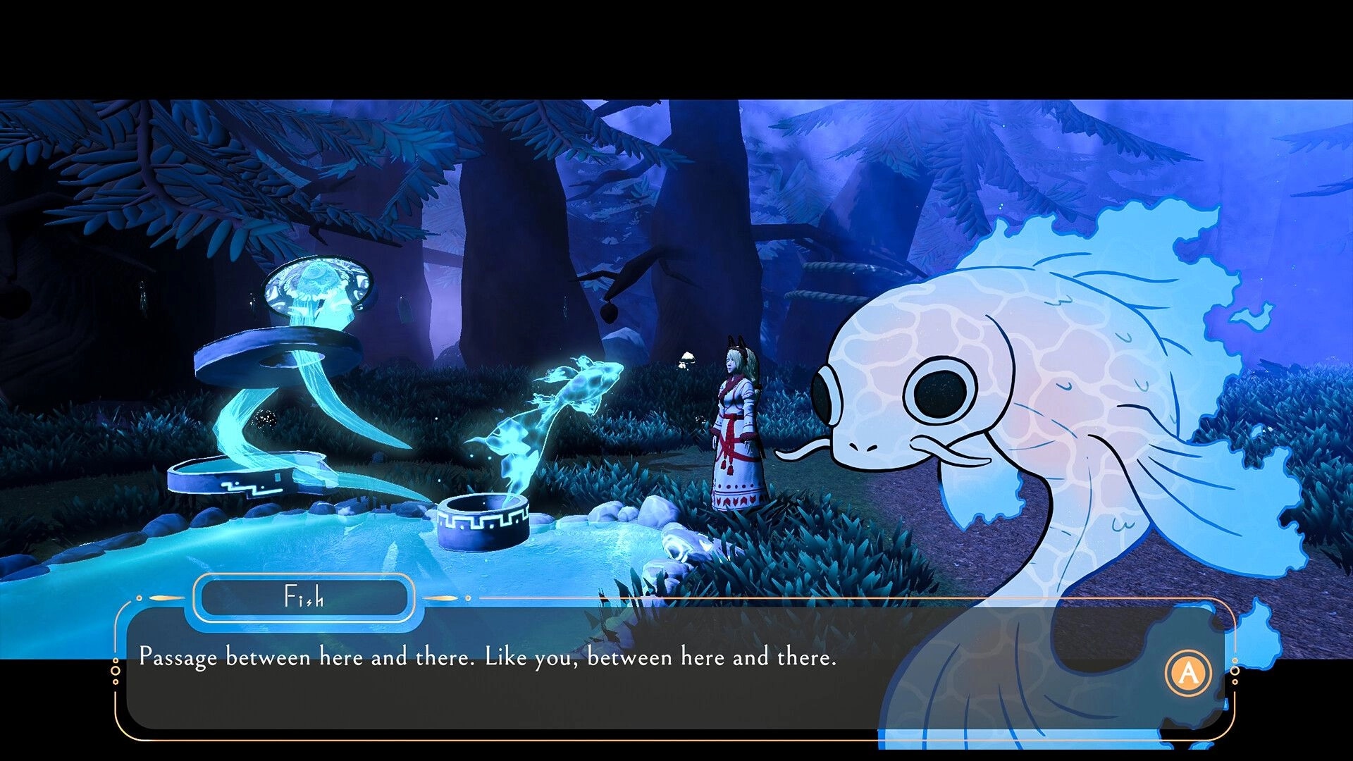 Half Away: Juna interacts with glowing spirit fish in a mystical forest, dialogue box displays conversation.