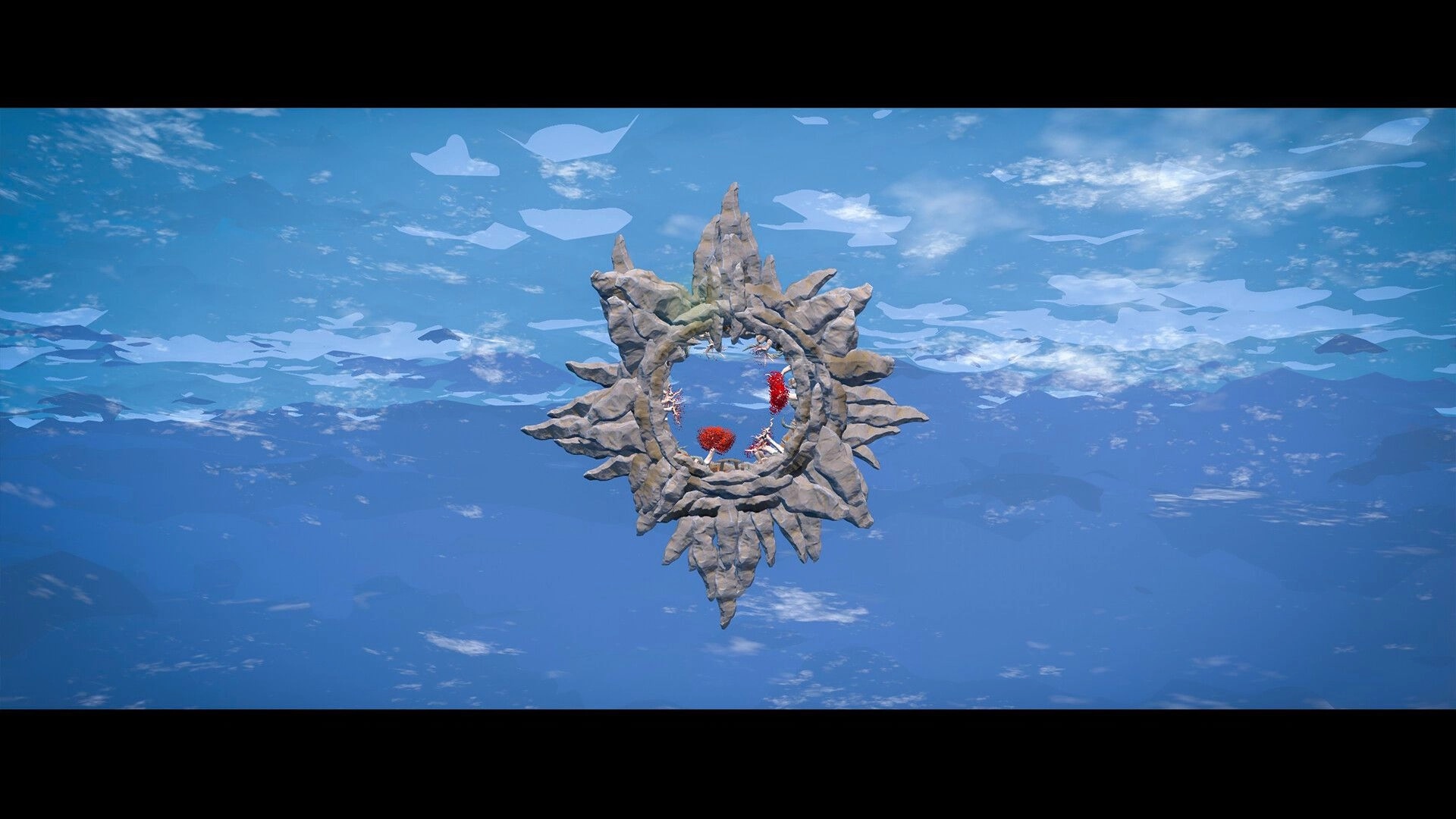 Half Away: Floating stone ring with red trees set against a vibrant blue sky in the Spirit Realm
