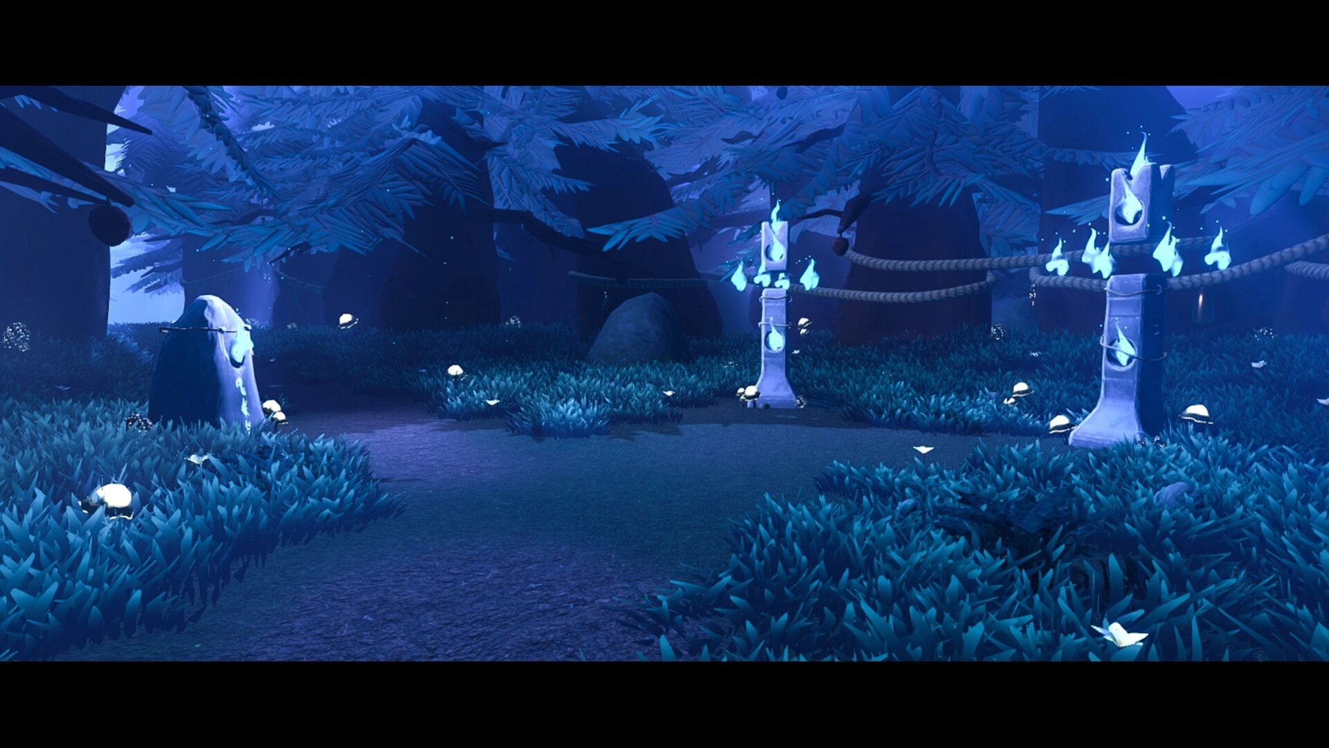 Half Away: Glowing blue spirit totems in a mystical forest clearing, surrounded by luminescent flora.