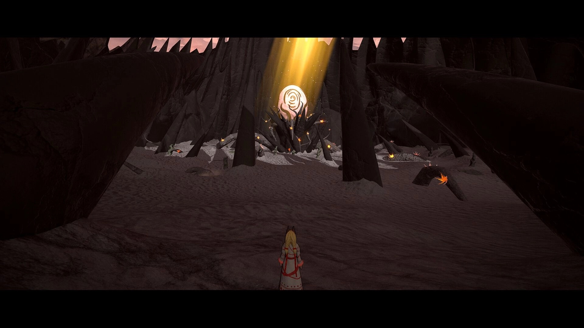 Half Away: Juna approaches glowing spirit portal in dark, jagged landscape with scattered flames.