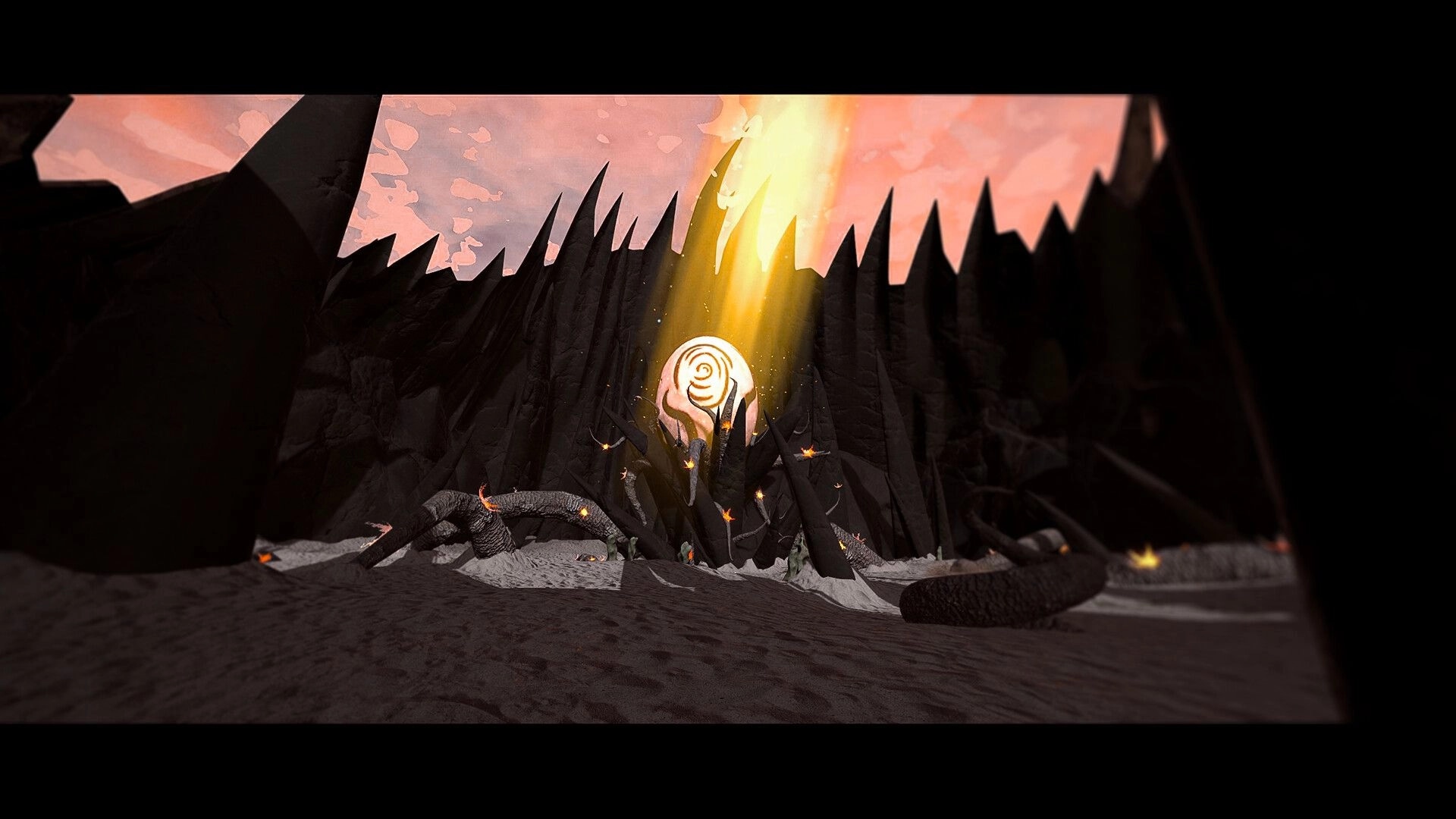 Half Away: Glowing symbol illuminates dark spiked cavern as golden light beams down from pink sky
