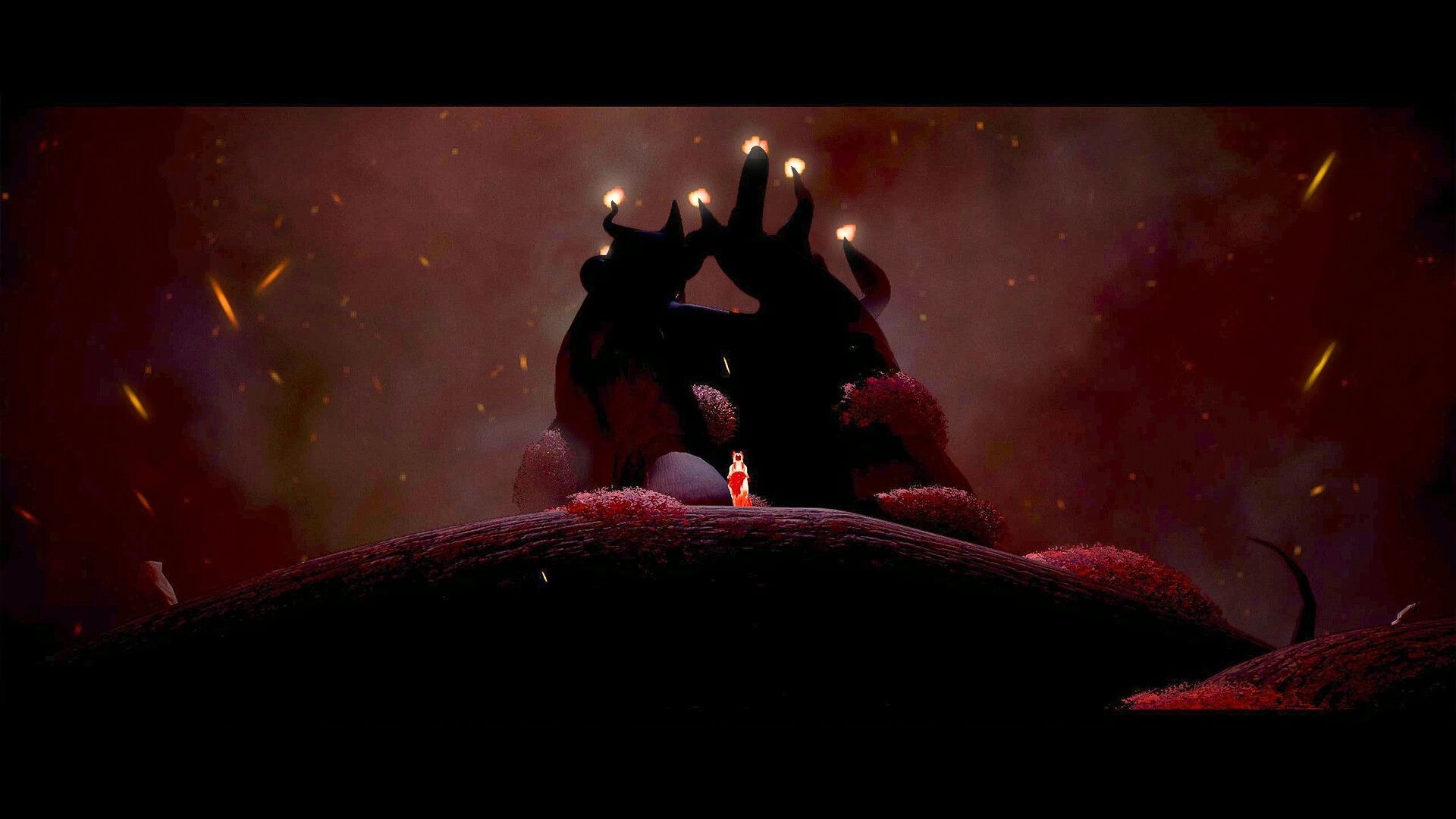 Half Away: Juna stands on a hill in a dark, mystical forest with glowing candelabra-like trees.