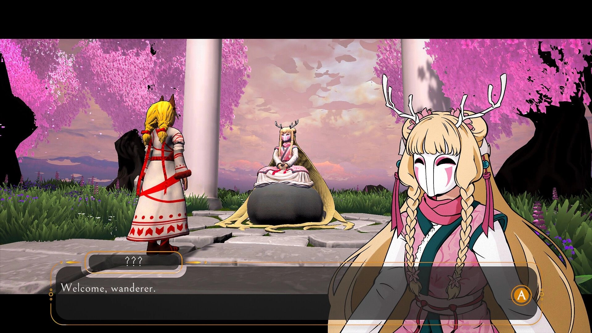 Half Away: Juna approaches seated figure in serene garden with pink blossoms, dialogue box active.
