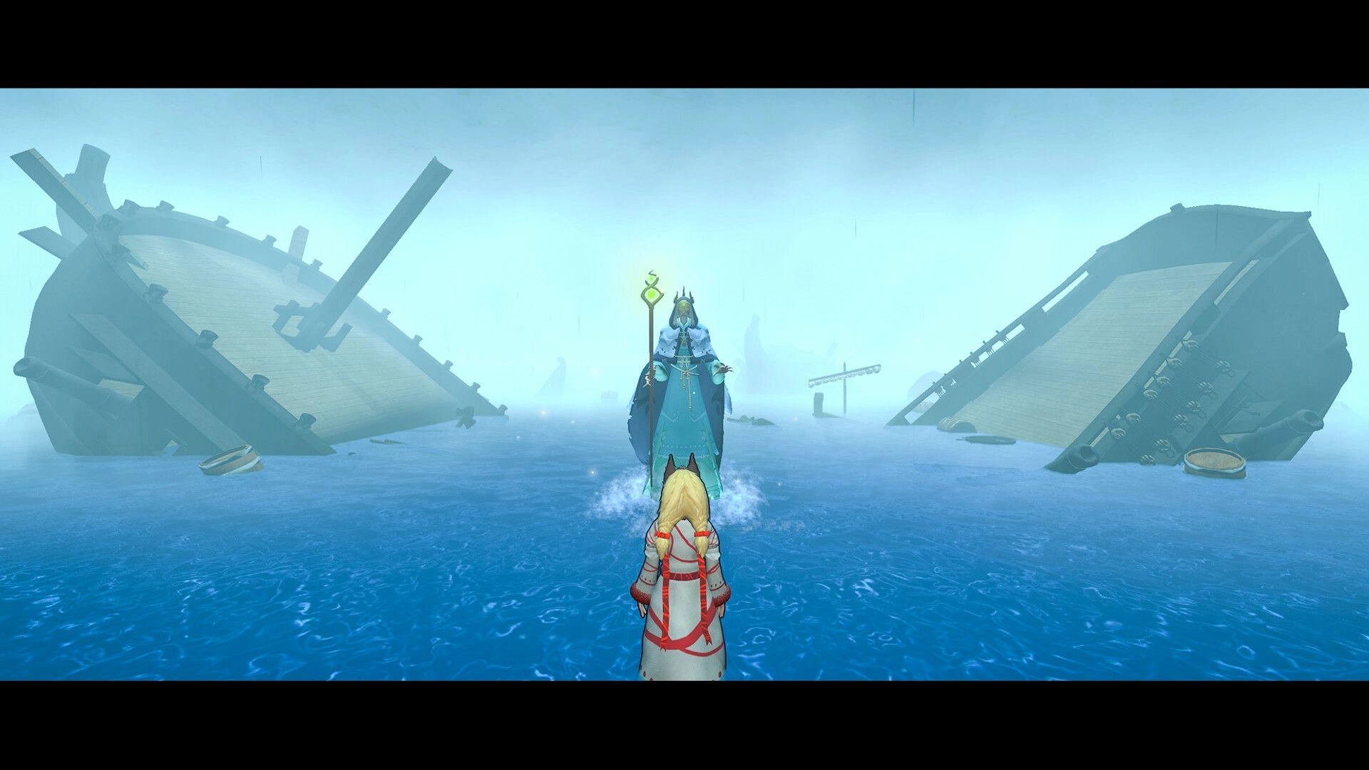 Half Away: Juna faces a mysterious figure in a misty sea with shipwrecks scattered around.