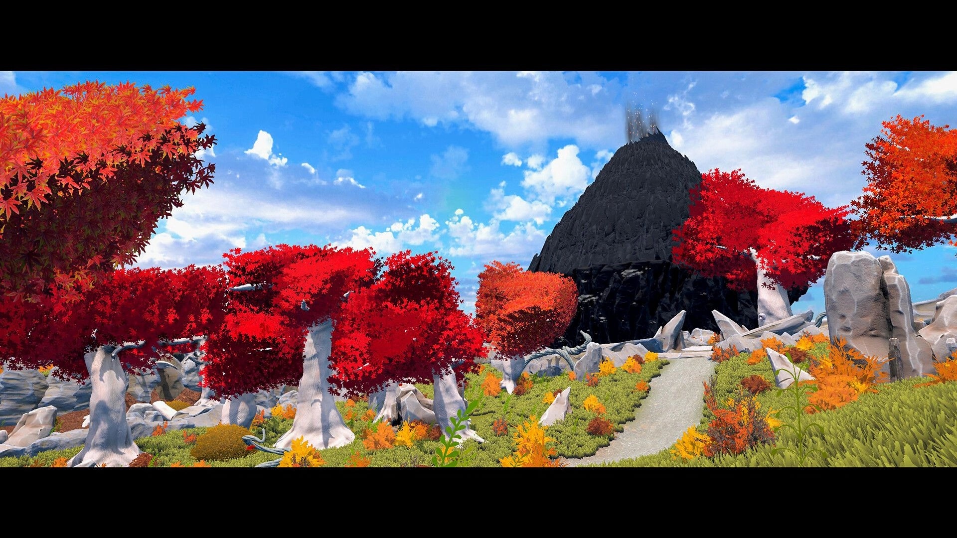 Half Away: Vibrant red and orange trees line a path leading to a towering dark mountain under a bright sky.