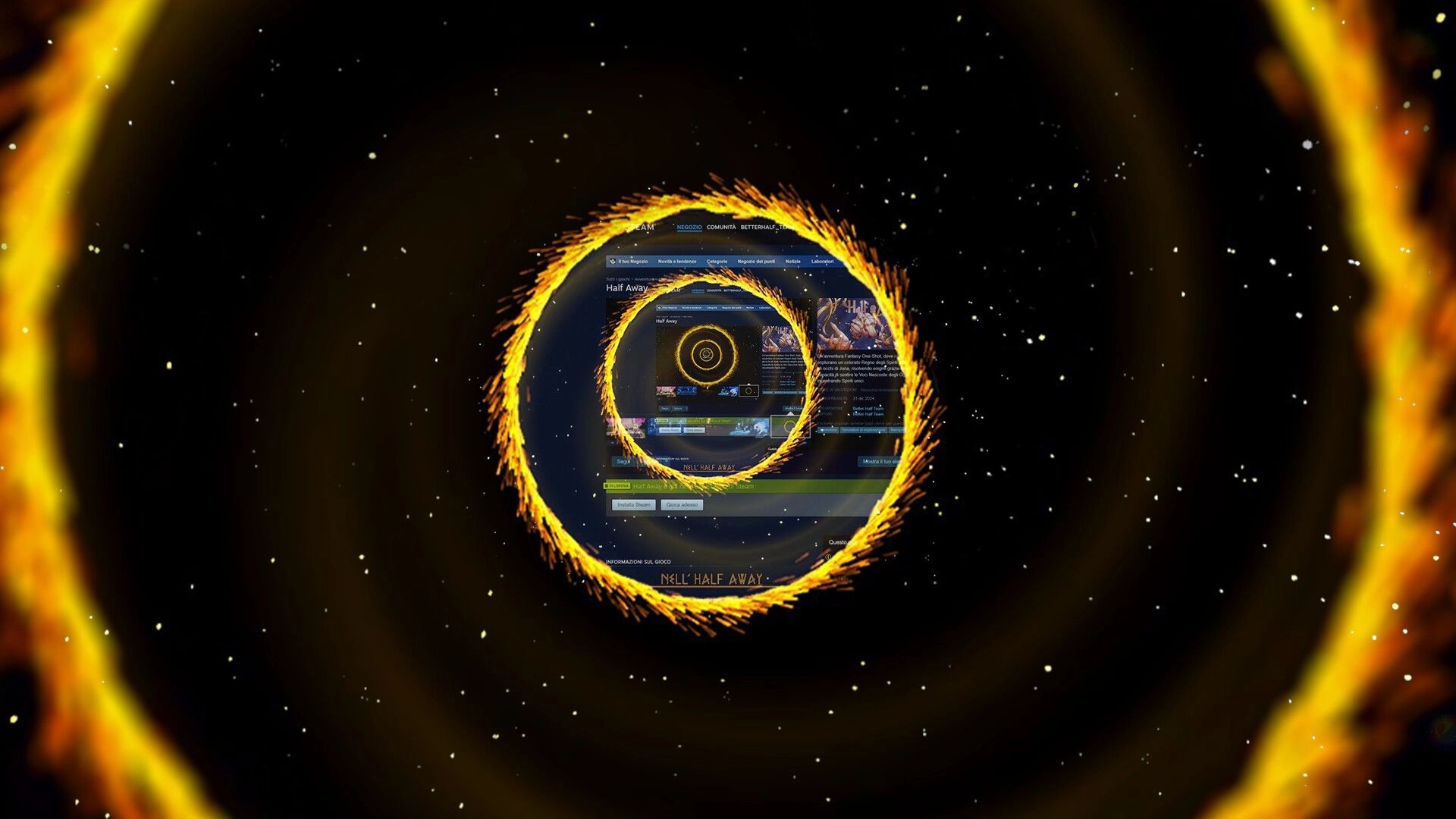 Half Away: Spiraling portal with UI elements visible, surrounded by a starry, dark space environment